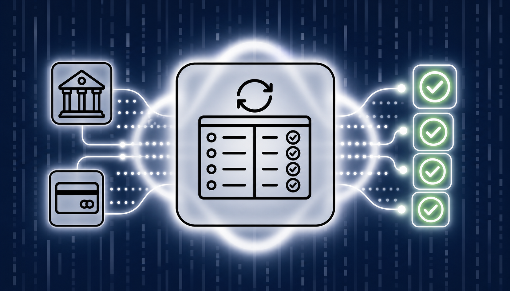 A clean, modern illustration of automated bank reconciliation: a continuous stream of financial transaction data flowing from a bank icon and a fintech card into a central digital ledger dashboard, with glowing green checkmarks appearing as each transaction matches automatically. The background is a soft dark navy gradient with abstract circuit-like lines, conveying real-time data syncing and financial accuracy. No text, no letters, no numbers.