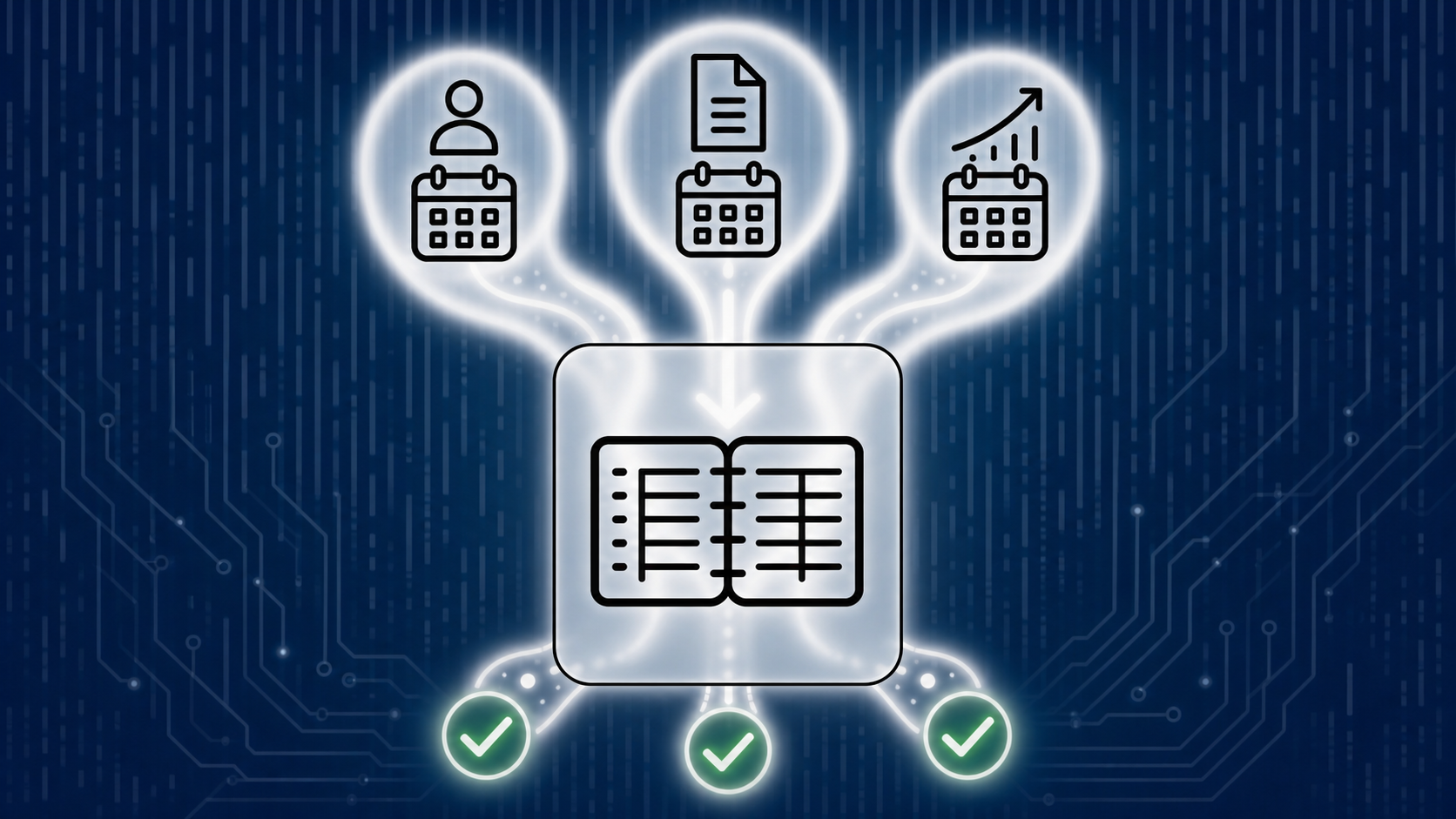 A clean, modern illustration of automated accounting journal entries: three glowing streams representing payroll, accruals, and revenue recognition flowing into a central digital ledger, with calendar icons showing recurring schedules and soft green checkmarks appearing as entries post automatically. Dark navy background with subtle circuit-like abstract lines conveying automation and precision. No text, no letters, no numbers.