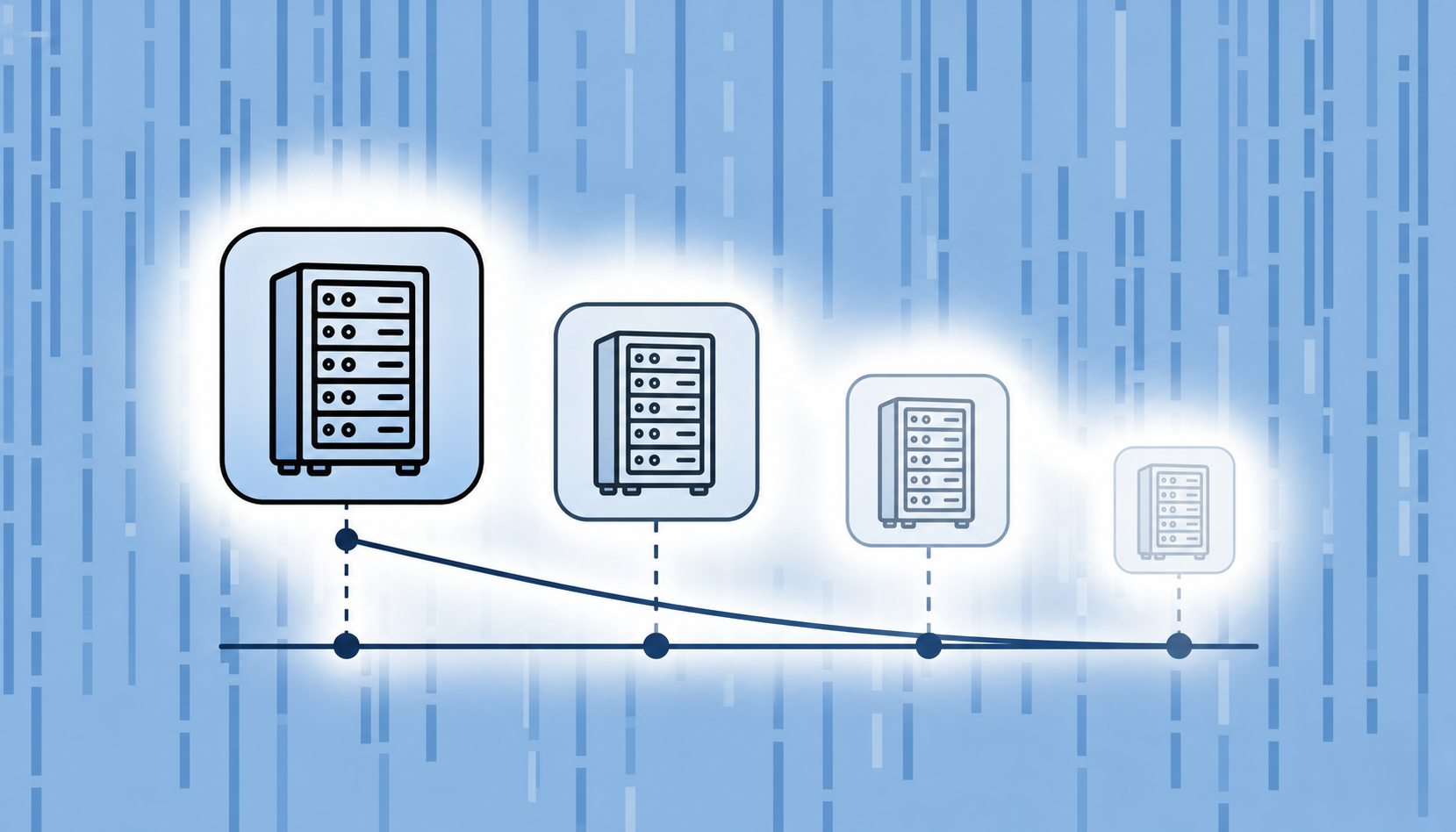 A clean flat-design illustration showing a single asset — a server rack — depicted four times in a horizontal timeline from left to right, each instance progressively smaller and more faded than the last, with a smooth downward curve drawn beneath them representing straight-line depreciation. The leftmost server is full-size and vibrant blue, the rightmost is very small and pale gray, nearly transparent. A horizontal baseline and a gently sloping diagonal line connect the four stages. Minimalist style, cool blue and slate color palette, no people, no text, no numbers, no labels.