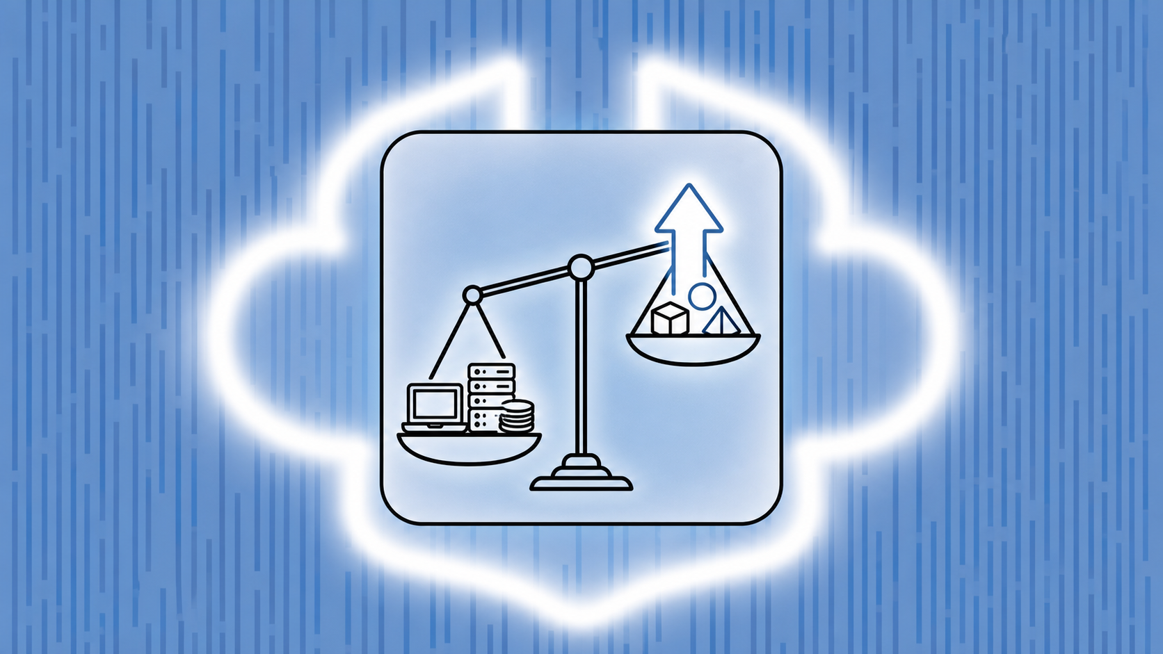 A clean, modern split illustration showing two weighing scales side by side. The left scale holds a small stack of physical items — a laptop, a server, and some coins — representing tangible recorded assets. The right scale holds a large glowing upward arrow and abstract geometric shapes representing future growth and potential. The left scale sits low and heavy while the right scale floats high, visually conveying the large gap between recorded book value and market value. Minimalist flat design style with a cool blue and white color palette, soft shadows, no people.