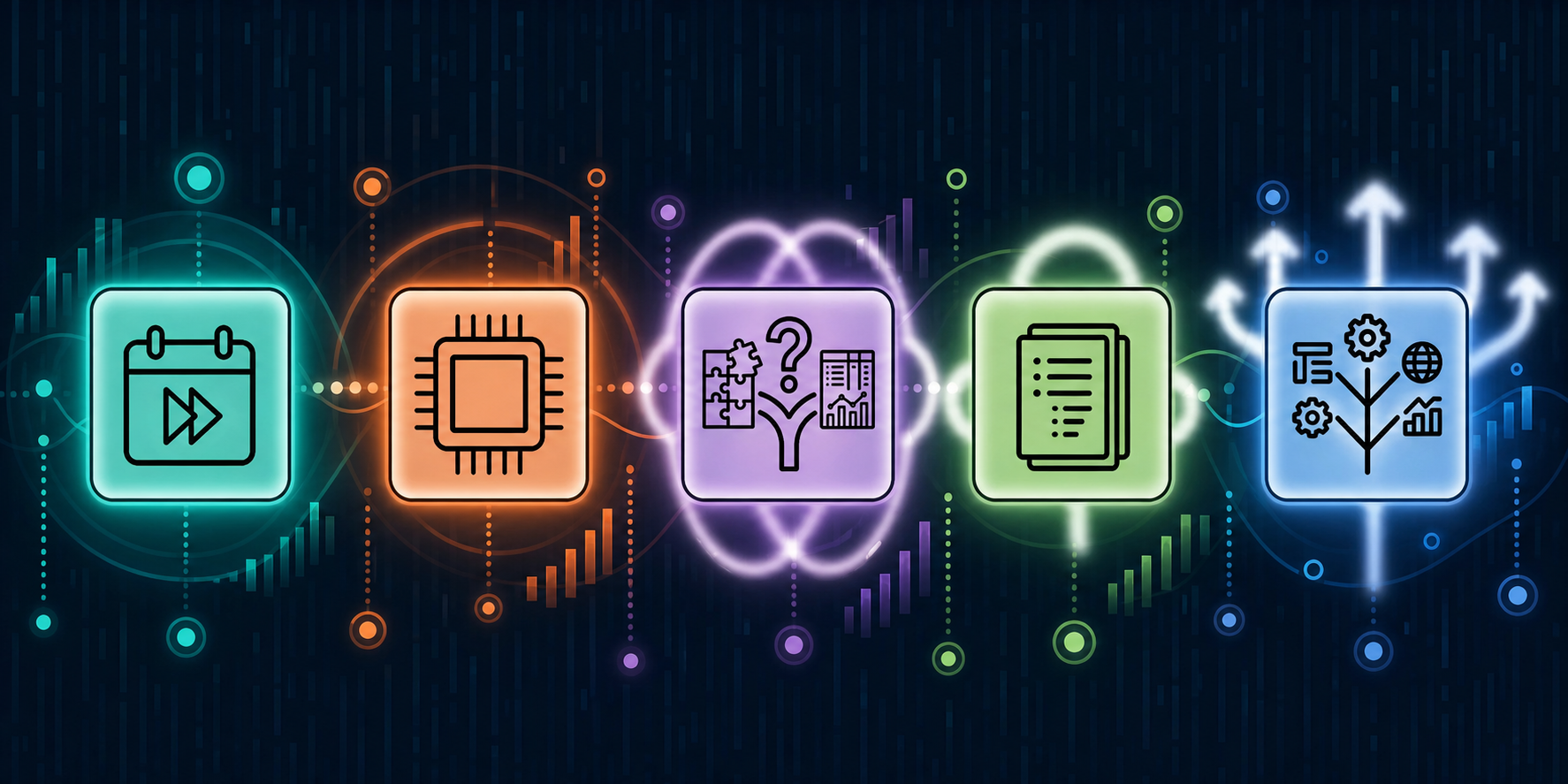 A clean, modern flat-design illustration showing five abstract software tool icons arranged side by side on a dark navy background, each represented by a distinct geometric shape glowing in different colors — teal, orange, purple, green, and blue — with floating circular metrics and bar chart fragments connecting between them, conveying a side-by-side software comparison in a fintech aesthetic, no text, no labels, no words anywhere