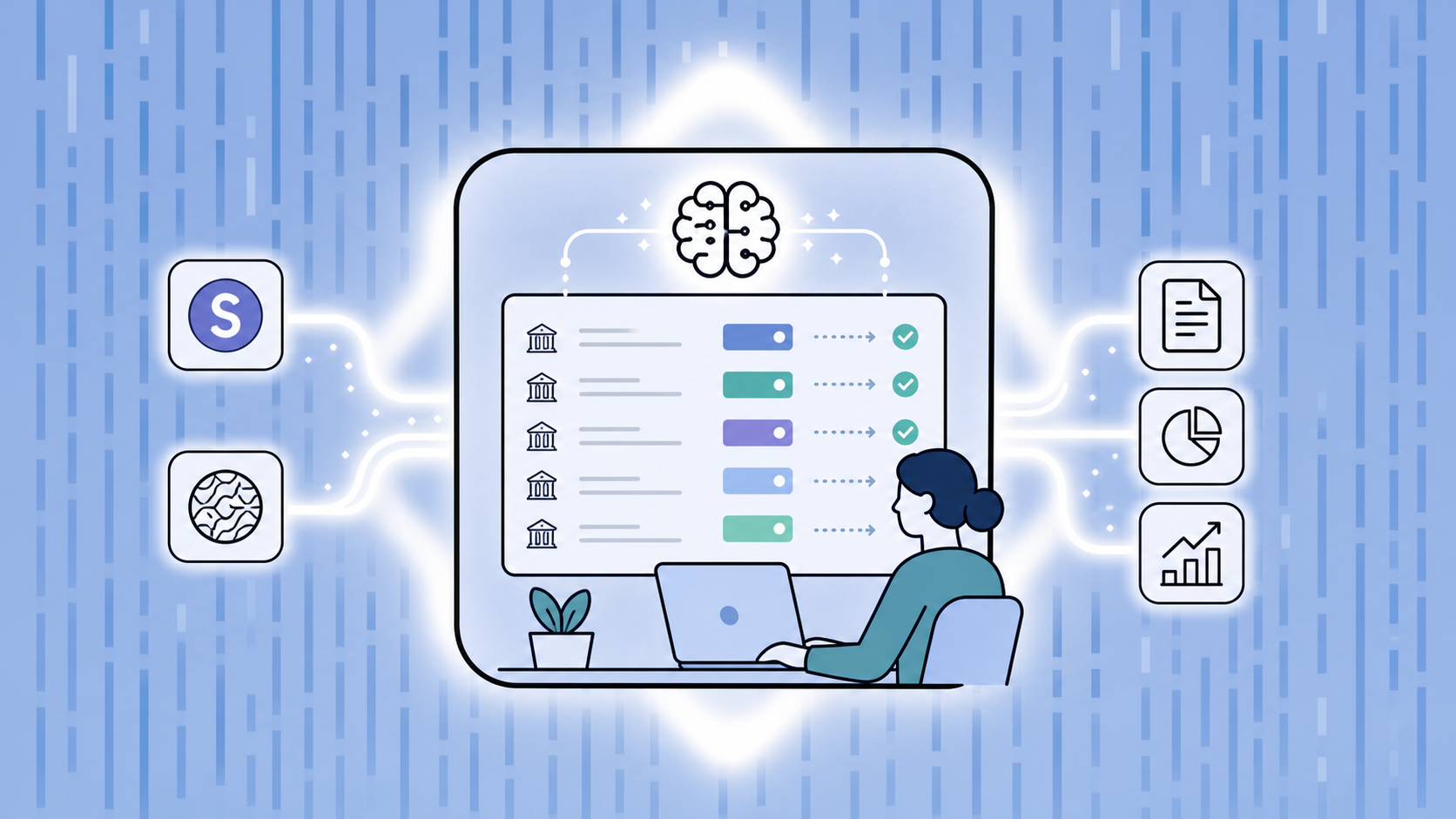 Clean, professional flat illustration showing an AI accounting workflow for bookkeepers. A stylized dashboard screen displays a queue of bank transactions with colored category tags being automatically assigned by an AI system. A bookkeeper reviews the suggestions at a laptop, with checkmarks indicating approved transactions. Subtle fintech branding elements like Stripe, Mercury logos shown as small icons feeding into the workflow. Muted blue, teal, and white color palette, modern minimal style, no text labels, suitable for a SaaS blog post.