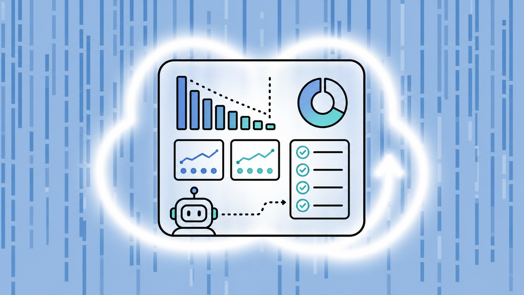 Clean flat illustration for a SaaS blog post about AI accounting software for bookkeepers. Shows a modern accounting dashboard with automated categorization in action: a stylized bar chart for burn rate and runway, MRR/ARR metric cards, and a checklist with green checkmarks representing reconciled transactions. A small robot or AI icon sits in the corner feeding data into the dashboard. Muted blue, teal, and white color palette, minimal style, no text labels, professional fintech aesthetic.