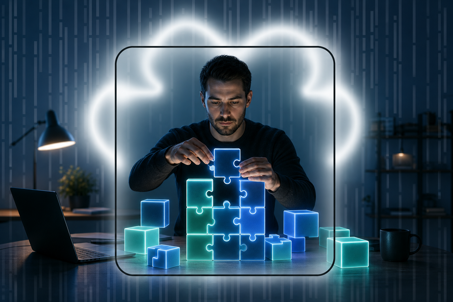 A startup founder at a modern desk surrounded by glowing modular building blocks that snap together like puzzle pieces, representing repackaging existing products into new solutions during a crisis. The blocks emit soft light in blue and teal tones, symbolizing financial technology and innovation. The atmosphere is calm yet urgent, with a dark background and dramatic lighting highlighting the assembly process. No text, no letters, no words anywhere in the image.