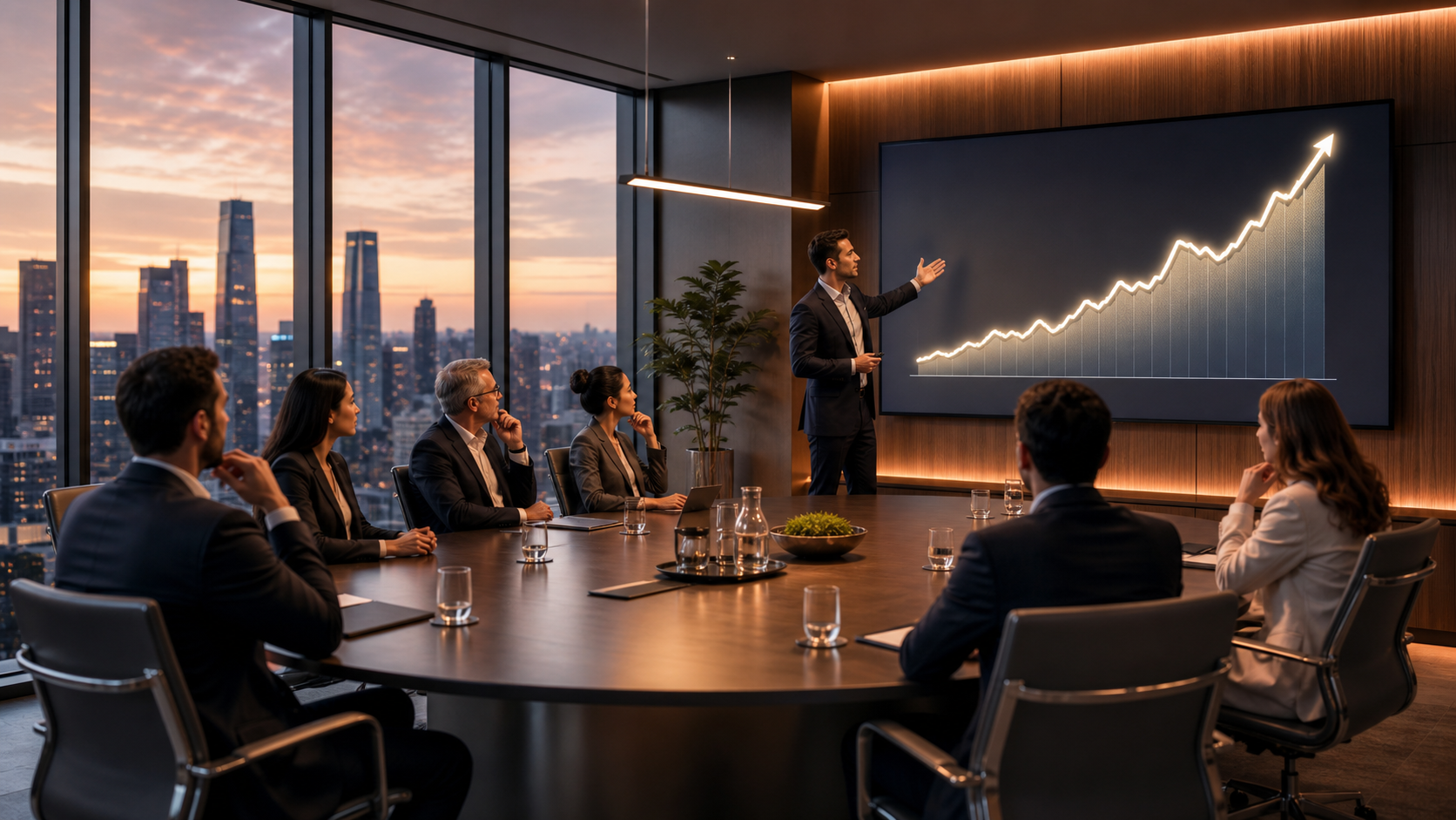 A wide-angle illustration of a modern boardroom setting where a founder presents a sweeping multi-decade financial growth chart on a large screen to a group of engaged investors seated around a sleek conference table, with floor-to-ceiling glass windows overlooking a city skyline at dusk, warm ambient lighting, professional and aspirational atmosphere, no text or labels anywhere