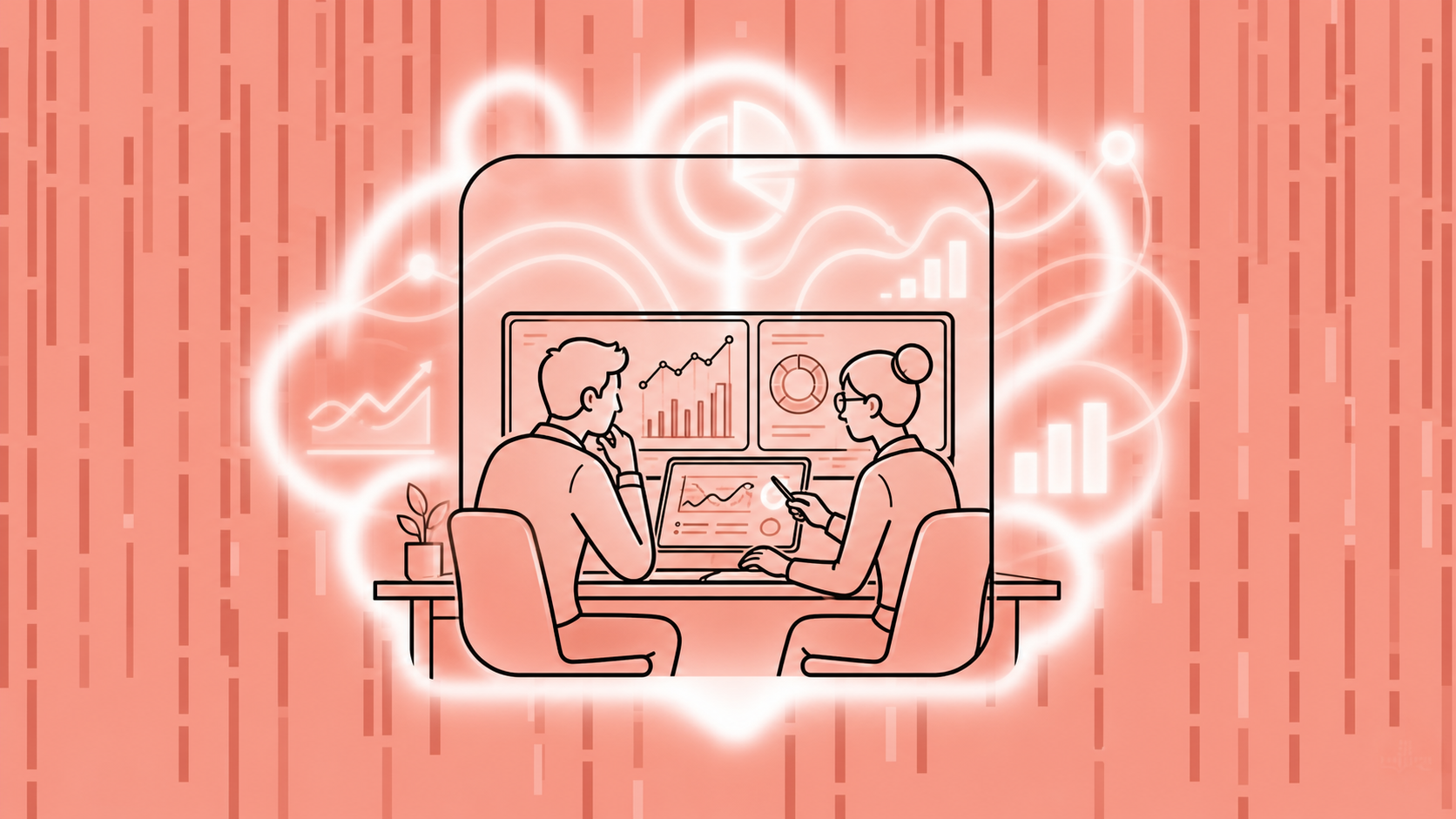 A modern, minimalist illustration of a startup founder and an accountant sitting together at a sleek desk, reviewing glowing real-time financial dashboards on multiple screens, with abstract data flows and charts in the background, warm futuristic office setting, professional and collaborative atmosphere, no text or labels