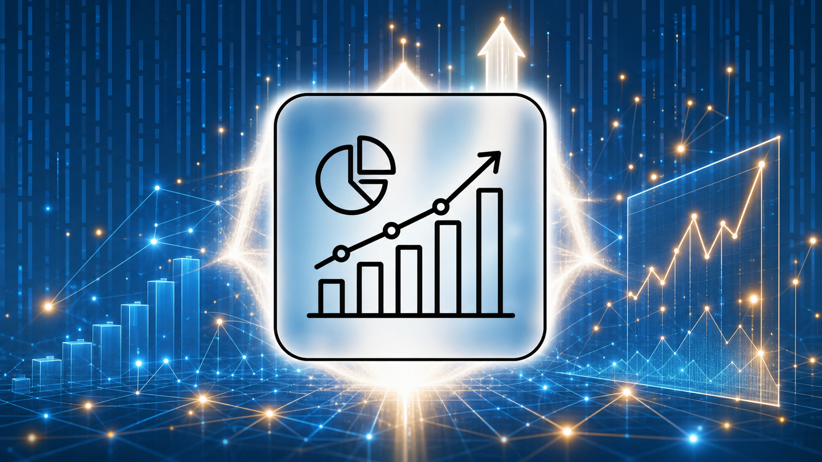 A sleek futuristic data visualization scene showing upward trending graphs and charts on glowing holographic displays, representing rapid AI adoption growth in accounting, warm blue and amber tones, abstract geometric data nodes connected by lines of light, professional modern aesthetic, no text or numbers or labels