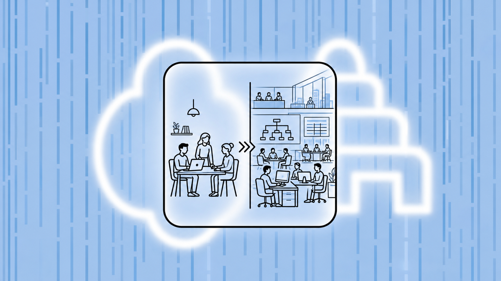 A clean, modern illustration showing two contrasting business scenarios side by side. On the left, a small startup team of two or three people at a simple desk with a minimal laptop setup, representing an early-stage company. On the right, a large corporate office floor with multiple teams, complex org charts on the wall, and layered organizational structure, representing an enterprise ERP environment. A visual dividing line or arrow between them suggests the concept of fit and mismatch. Soft blue and white color palette, minimalist geometric style, professional and calm atmosphere, no text or labels anywhere in the image.