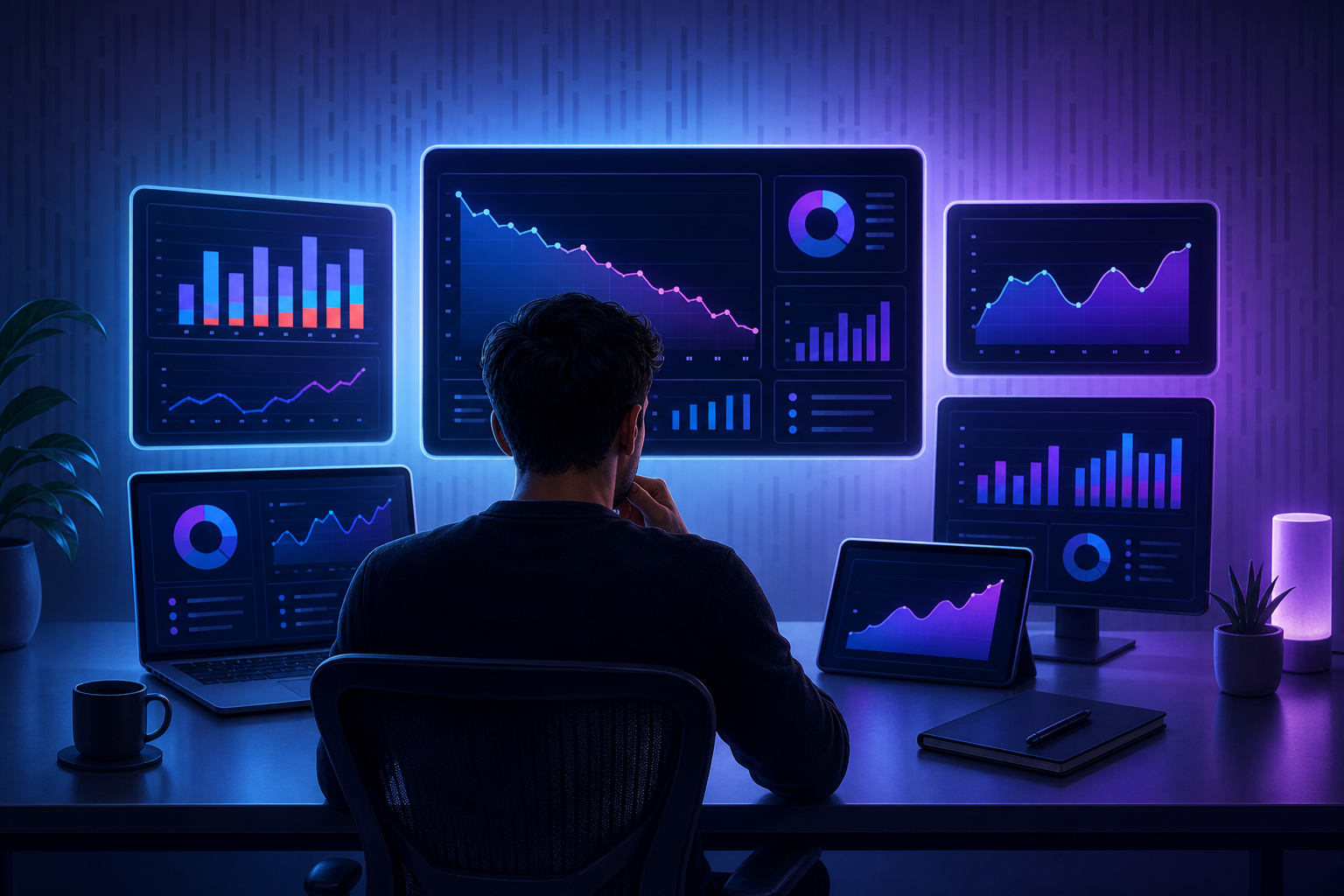 A modern startup founder sitting at a clean desk with multiple glowing screens showing financial charts, burn rate graphs, and runway metrics. The scene has a sleek, tech-forward aesthetic with cool blue and purple tones. The screens display colorful data visualizations — bar charts, line graphs, and dashboard panels. A coffee cup sits nearby. The overall mood is focused and analytical, minimal and professional, no clutter.