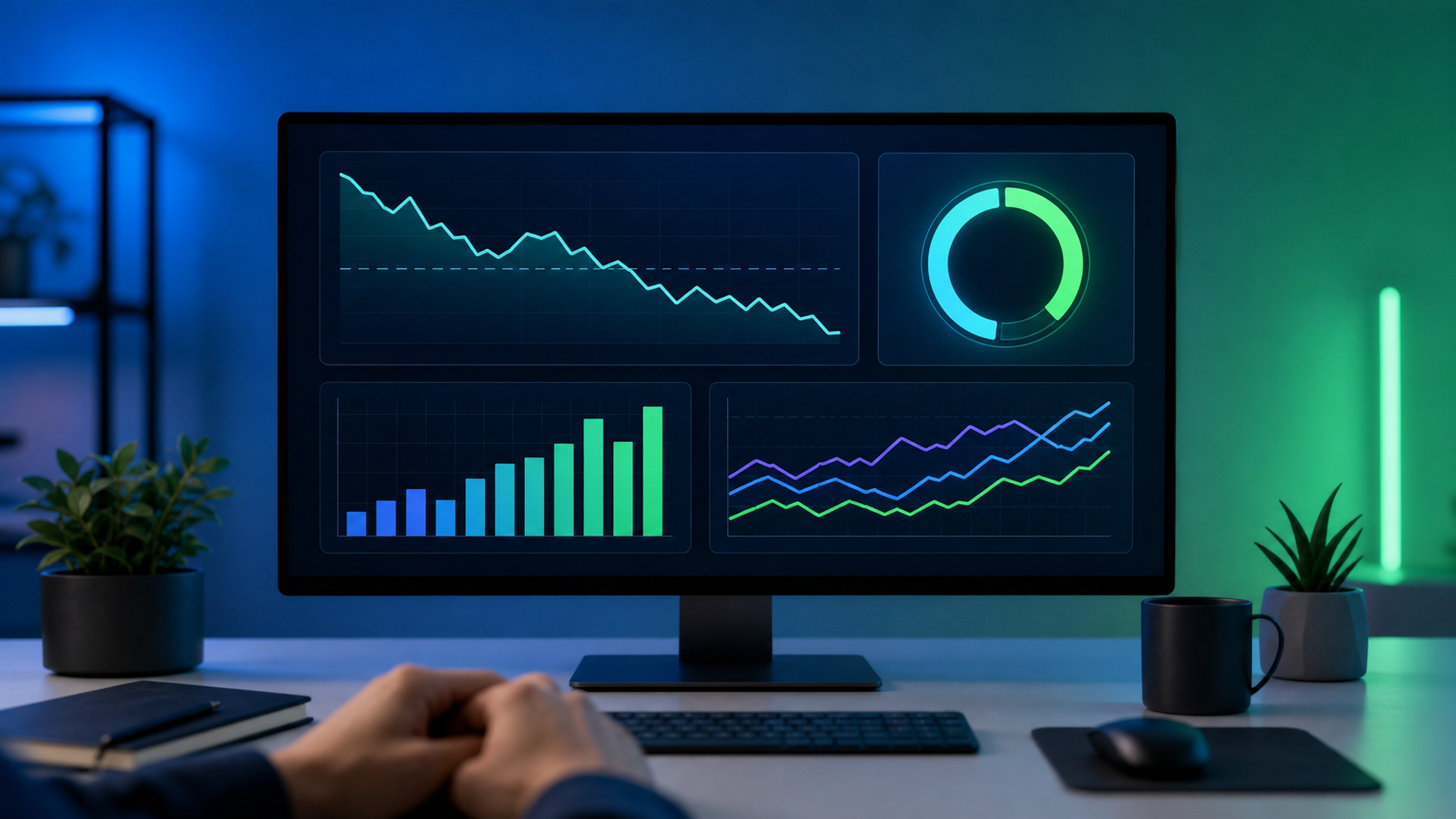 A sleek digital dashboard displayed on a large monitor showing real-time financial metrics — colorful line graphs tracking cash burn, bar charts showing monthly runway, and a circular gauge indicating cash balance. A startup founder's hands rest on a clean desk in the foreground, softly out of focus. The scene is lit with cool blue and green ambient tones, evoking clarity and control. Modern minimalist office environment, no clutter, no people visible above the wrists.
