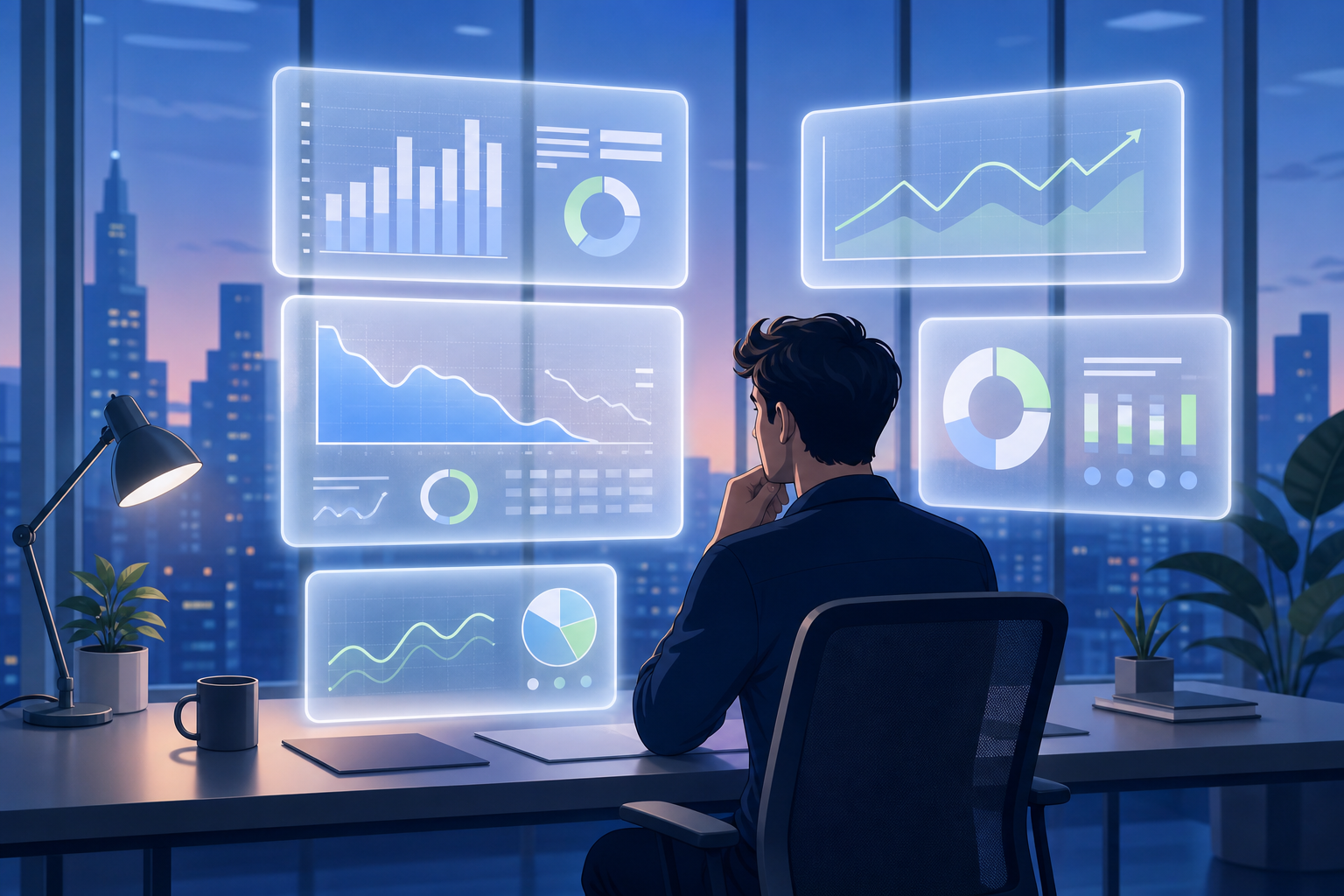 A startup founder sitting at a modern desk reviewing multiple glowing financial dashboard screens showing charts, burn rate graphs, and runway metrics. Clean, minimalist illustration style with soft blue, white, and green tones. The screens display abstract financial data visualizations — bar charts, line graphs, pie charts. Large windows in the background with a city skyline at dusk. No text, no words, no letters, no numbers anywhere in the image.