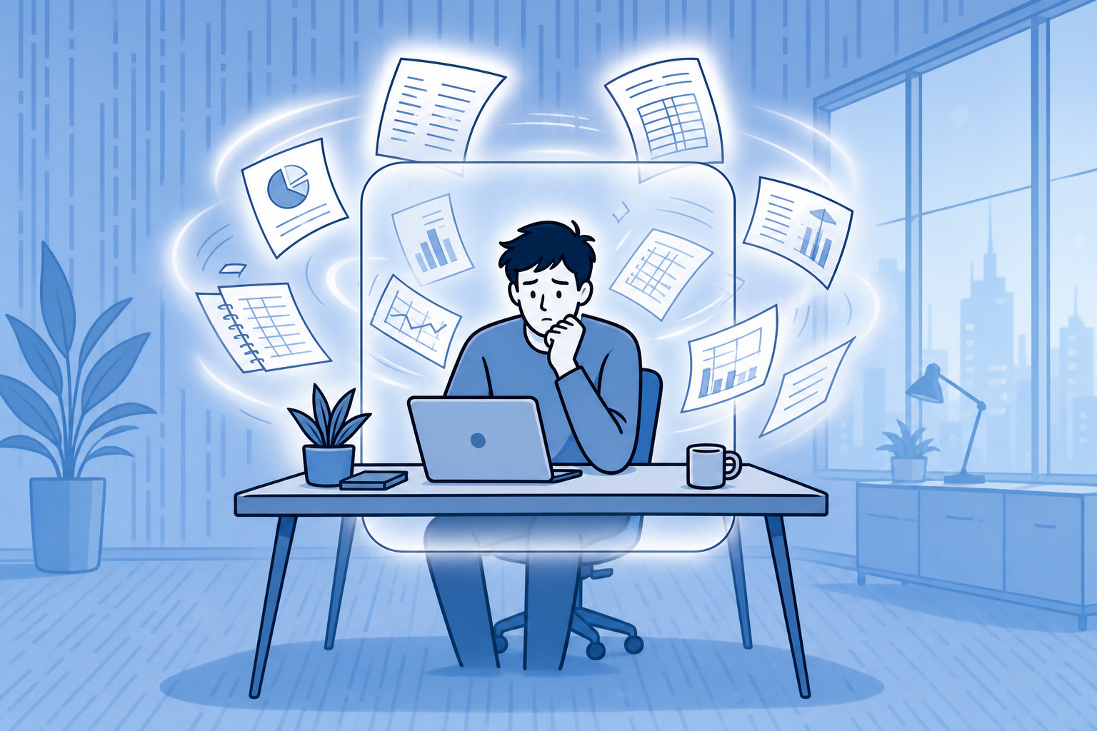 A lone founder sitting at a minimalist desk, surrounded by floating abstract financial documents, charts, and ledger pages swirling around them in a modern, clean illustration style. Soft blue and white tones, slightly overwhelmed expression, startup office environment with large windows and city view in the background. No text, no words, no letters anywhere in the image.