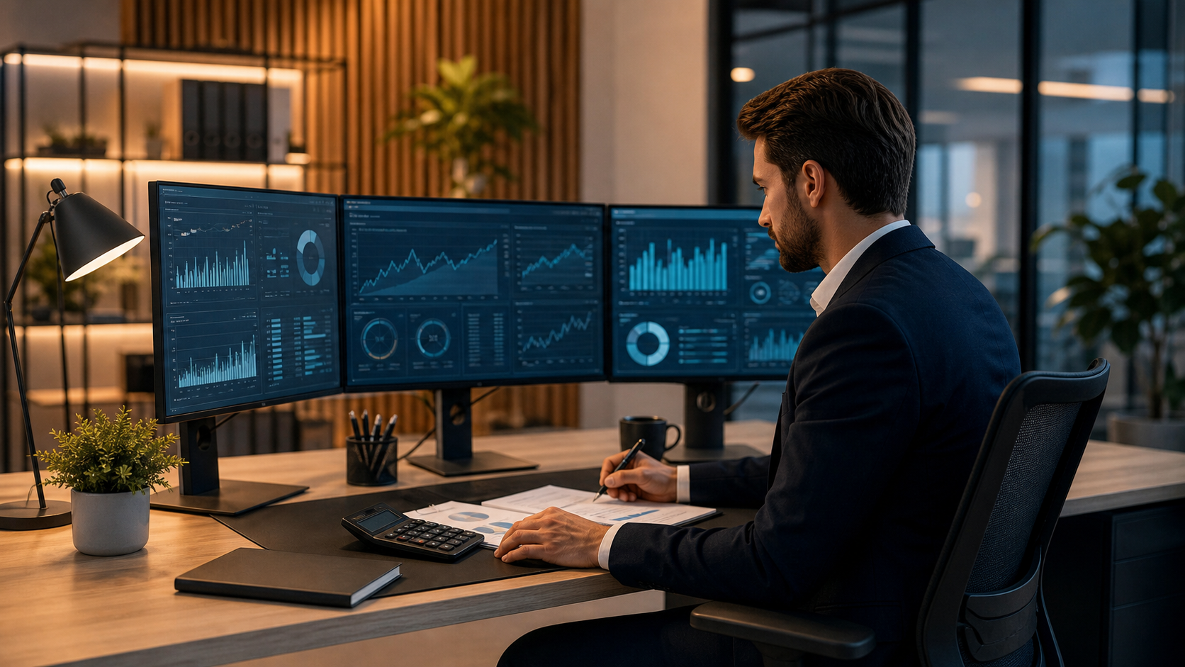 A modern accounting firm office scene showing a professional accountant working at a sleek desk with multiple monitors displaying financial dashboards and real-time data visualizations, warm professional lighting, clean minimalist aesthetic, no text or words visible