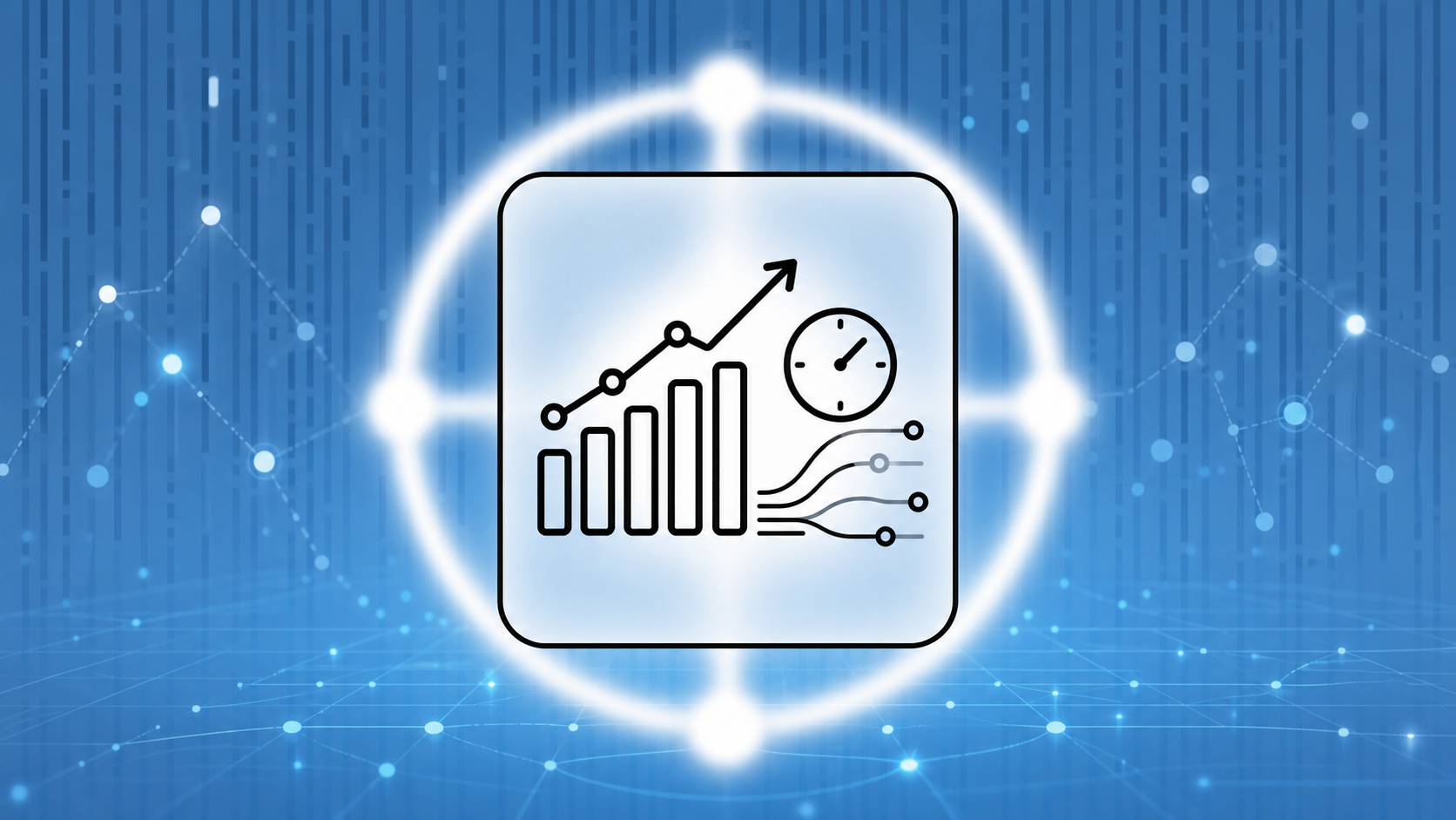 A clean, modern data visualization scene showing abstract upward-trending graphs and flowing timelines on a glowing digital surface, representing research findings about time savings and efficiency gains in professional services. Soft blue and teal tones with subtle data nodes and connection lines in the background. A sense of measurable progress and academic rigor, with no text, no words, no letters anywhere in the image.