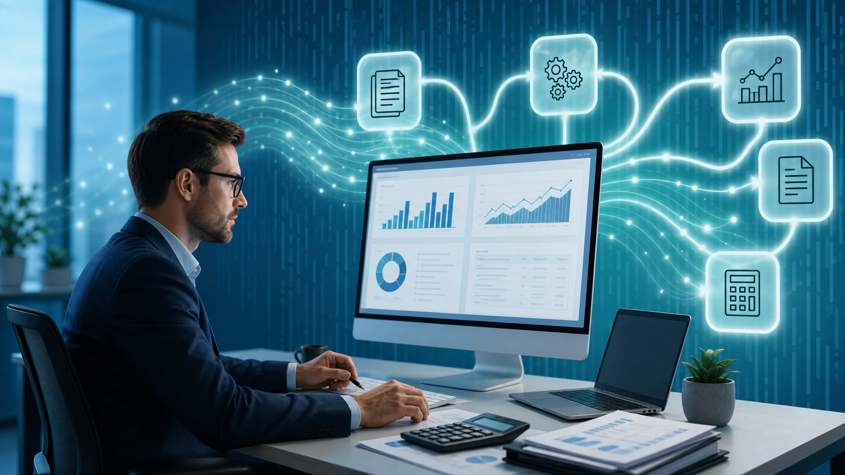 A modern accounting firm office scene showing a professional accountant at a clean desk reviewing reports on a large monitor, while abstract glowing data streams and automated workflow nodes flow in the background, representing AI handling background preparation work. The atmosphere is calm, focused, and technology-forward with a blue and teal color palette. No text, no words, no letters anywhere in the image.