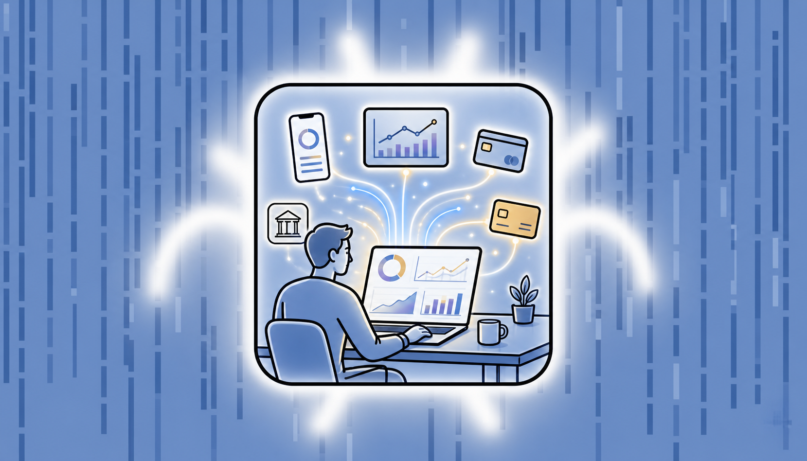 A startup founder sitting at a modern minimal desk, relaxed and confident, looking at a glowing laptop screen displaying colorful financial charts and dashboards with burn rate, runway, and cash flow metrics. Data streams flow seamlessly into the screen from connected devices and fintech cards floating around. Soft blue and gold ambient lighting, clean modern office aesthetic, no text or labels anywhere in the image.