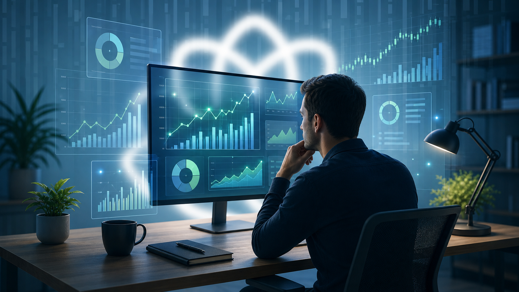 A focused startup founder sitting at a modern desk reviewing glowing financial charts and graphs on a large monitor, clean and organized workspace, transparent overlapping layers of financial data visualizations in cool blue and green tones, conveying clarity, control, and confidence in business numbers, professional atmosphere, cinematic lighting, no text or labels