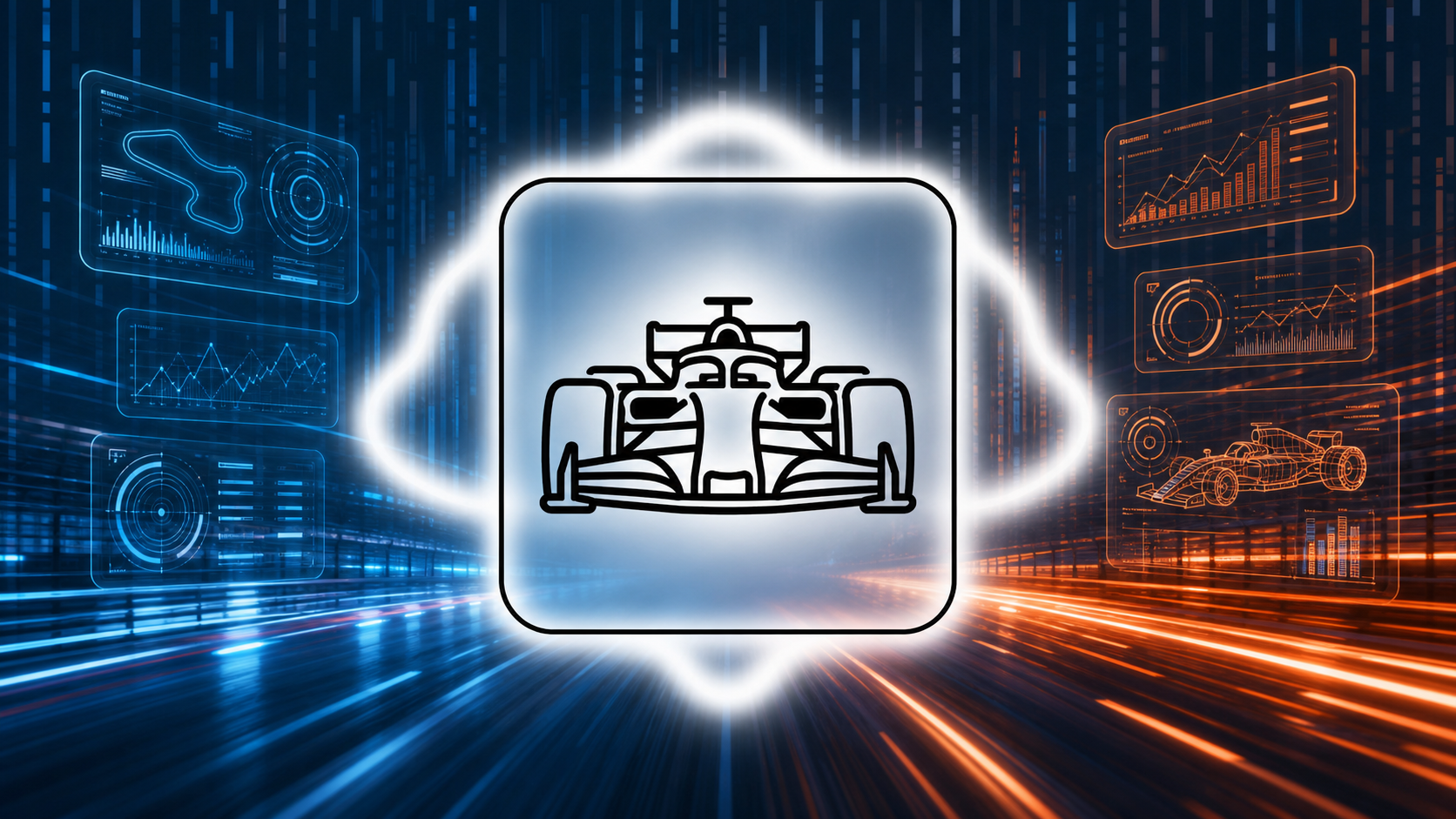 A sleek Formula 1 racing car speeding down a track with dynamic motion blur, surrounded by glowing data streams and holographic dashboards floating in the air around it, conveying real-time telemetry and precision performance monitoring, dark cinematic atmosphere with neon blue and orange lighting, futuristic and high-tech aesthetic, no text or labels