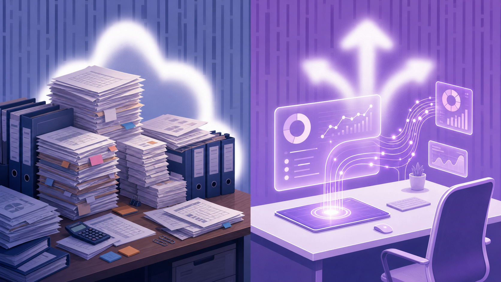 A split-scene isometric illustration showing two contrasting workspaces side by side: on the left, a cluttered desk with towering stacks of paper folders, binders, and spreadsheet printouts representing legacy accounting; on the right, a sleek minimal desk with glowing holographic financial charts, smooth data flows, and clean digital dashboards representing modern AI-native accounting, warm blue and purple gradient lighting, flat design style, no text or labels anywhere