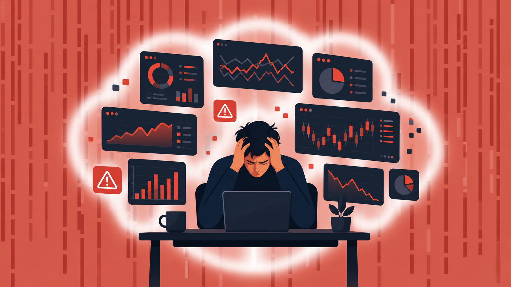 A startup founder sitting at a minimal desk, looking stressed and overwhelmed, surrounded by floating abstract charts and graphs with warning symbols, red warning indicators, and financial dashboards showing chaotic data. The scene uses a modern flat illustration style with a warm color palette of deep reds, oranges, and dark navy blues. No text, no letters, no numbers, no words anywhere in the image.