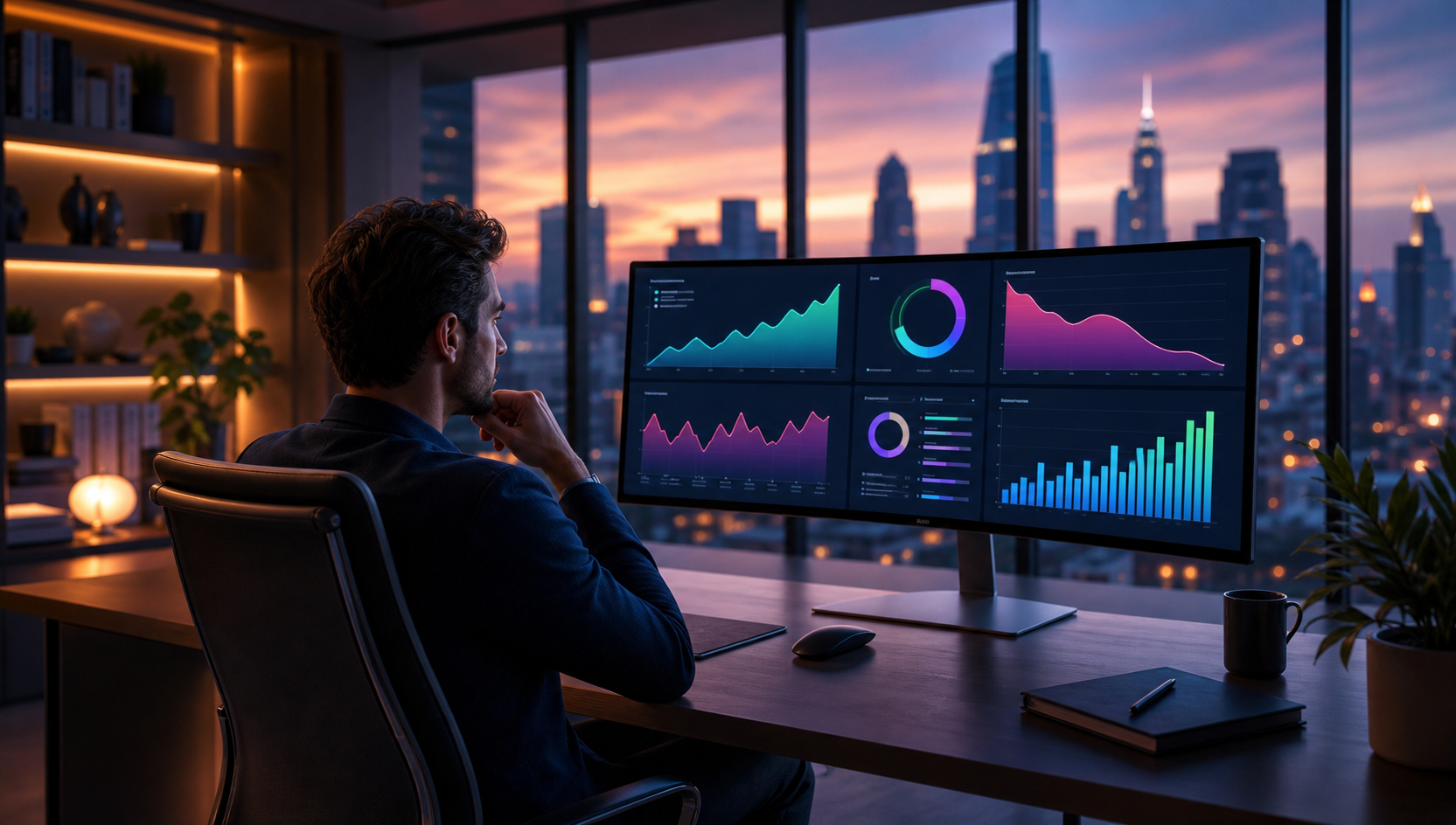 A confident startup founder at a sleek modern desk, looking at a large curved monitor displaying colorful real-time financial dashboards with runway charts, burn rate graphs, and bar charts showing growth trends. The room has floor-to-ceiling windows overlooking a city skyline at dusk with warm ambient lighting. The scene conveys strategic clarity, financial control, and forward momentum. No text, no words, no labels, no numbers visible anywhere.