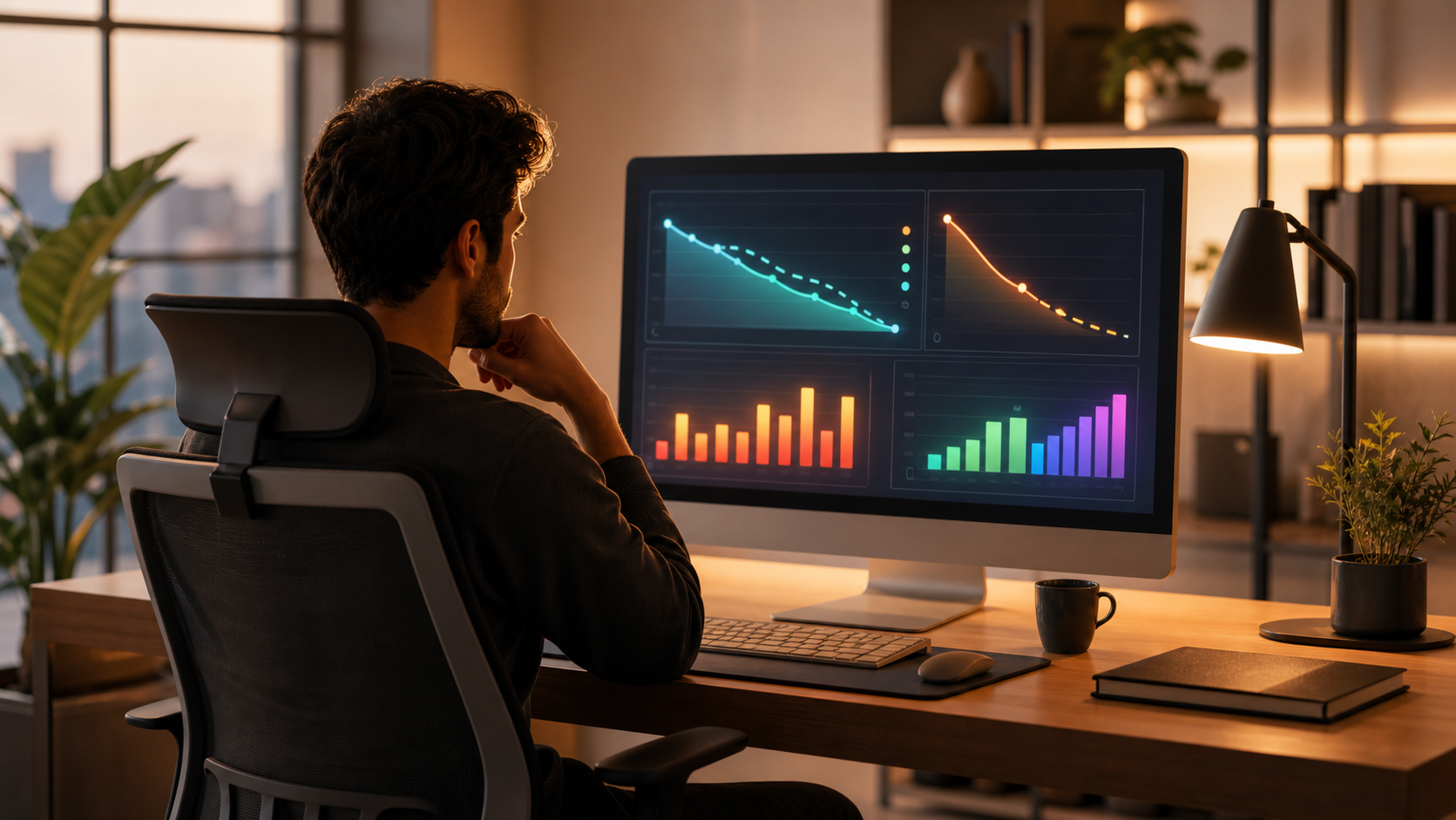 A startup founder sitting at a modern desk in a minimalist office, reviewing glowing financial dashboard charts on a large monitor — showing runway graphs, burn rate curves, and colorful bar charts. The scene is lit with warm ambient light, conveying confidence and clarity. No text, no words, no labels anywhere in the image.
