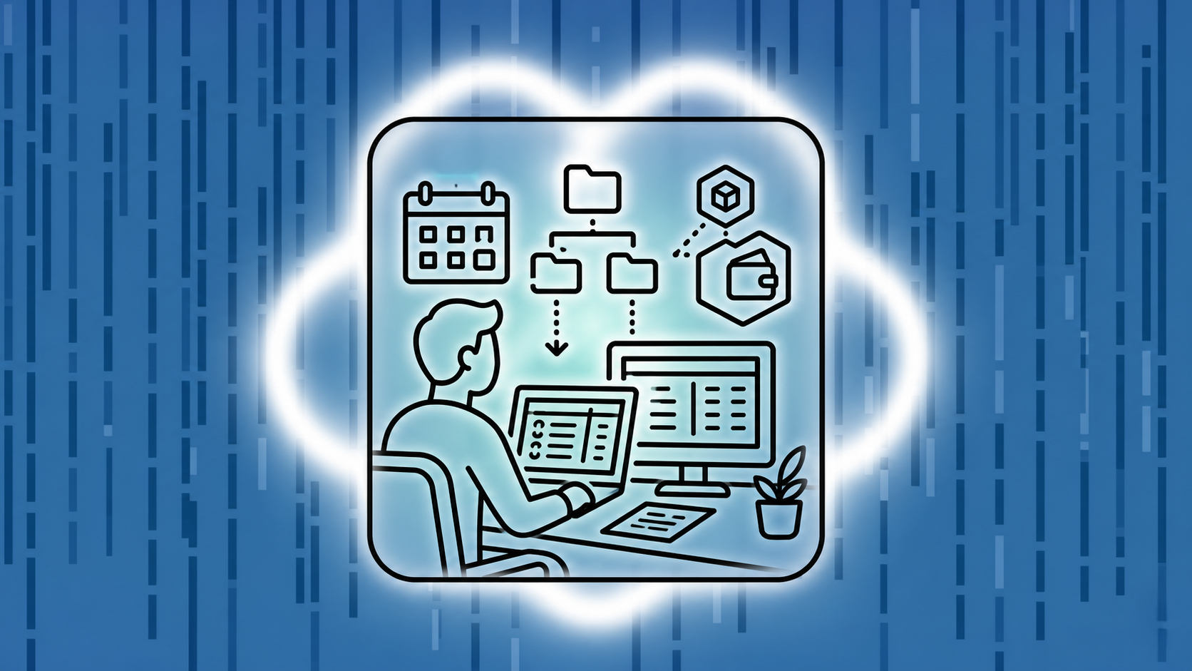 A clean flat-design illustration of a startup founder at a modern desk organizing digital financial records — multiple glowing screens show spreadsheets and transaction logs, stylized file folders and calendar icons float nearby representing monthly exports and deadlines, with abstract blockchain wallet symbols in the background, deep blue and teal color palette, no text or labels