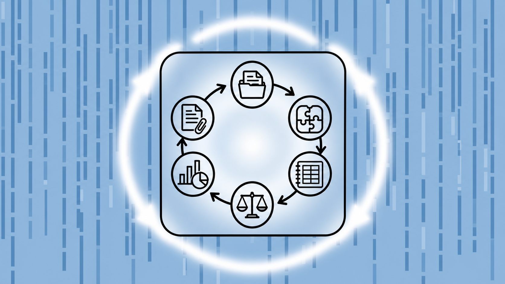 A clean, modern illustration of a six-step circular or linear workflow process for financial accounting at a startup. Each step represented by a distinct icon or node connected by arrows: collecting documents, matching numbers, recording entries, reviewing a balance sheet, preparing reports, and a final checkmark approval. Minimal flat design style, muted blue and teal color palette, professional and organized, no text or labels anywhere in the image.