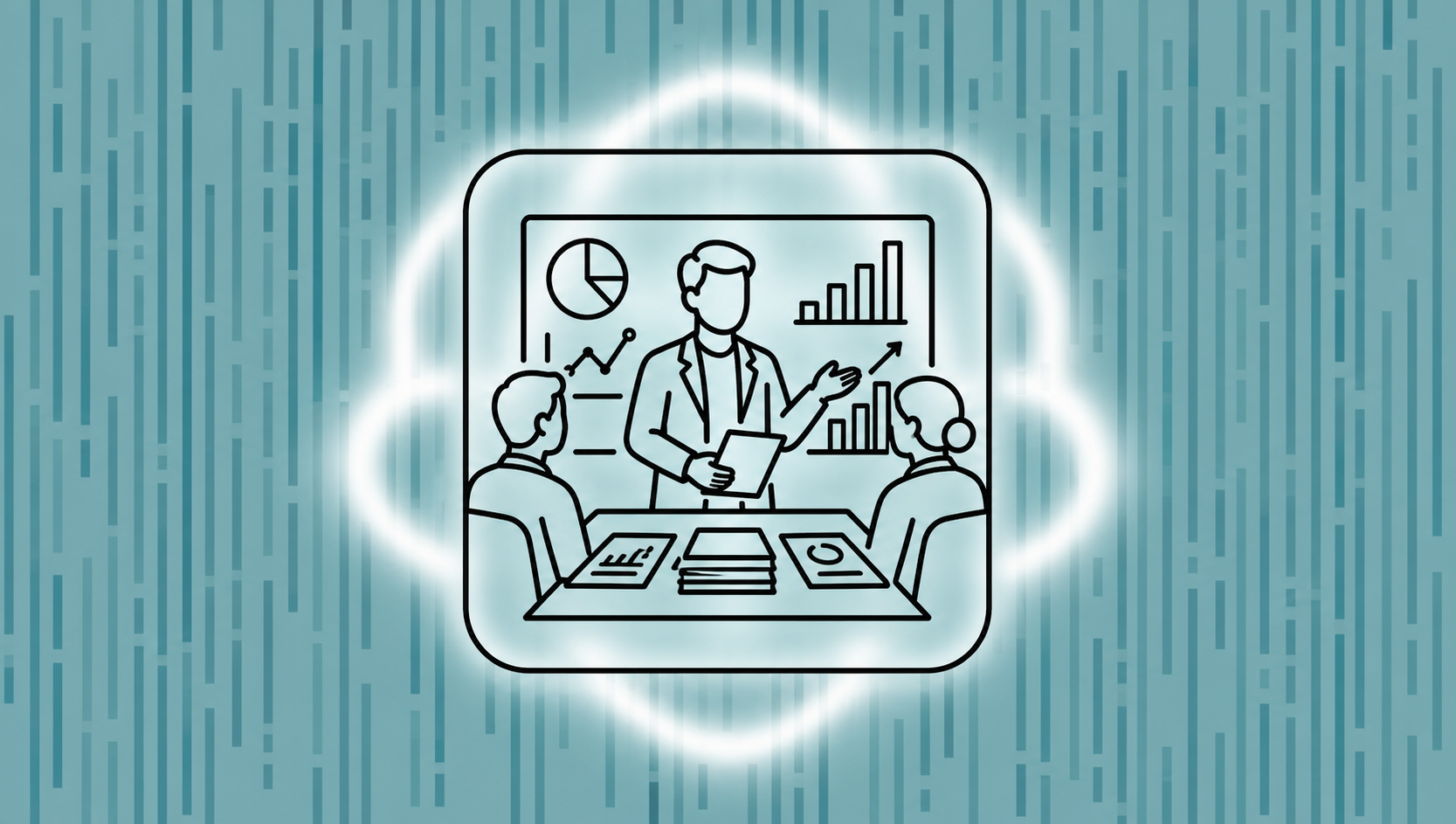 A clean, modern flat illustration of a startup founder presenting polished financial charts and graphs to two investors sitting across a table. The founder looks confident, documents are neatly organized, everything appears transparent and well-structured. Minimal design style with a muted teal and blue color palette, professional atmosphere, no text or labels anywhere in the image.