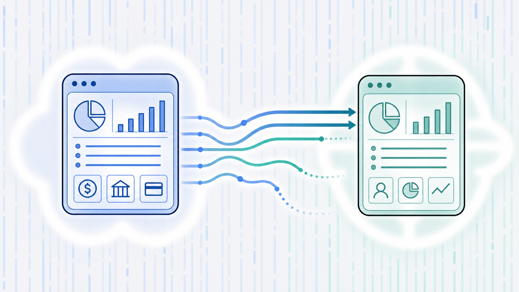 A clean, modern illustration showing two abstract software dashboards side by side connected by flowing data streams. The left dashboard glows with organized financial data visualized as charts, rows, and icons. The right dashboard receives only some of the streams, with others fading away mid-transfer. The color palette is cool blues and greens with a white background. Flat design style, no text or labels anywhere.