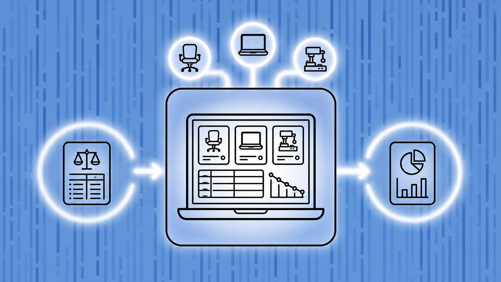 A clean, modern illustration showing an automated accounting workflow for fixed assets: a laptop screen displaying a financial dashboard with asset cards and depreciation schedules, connected by glowing arrows to a balance sheet and P&L chart, with small icons representing furniture, electronics, and equipment floating above, all in a sleek blue and white color palette, flat design style, no text or labels