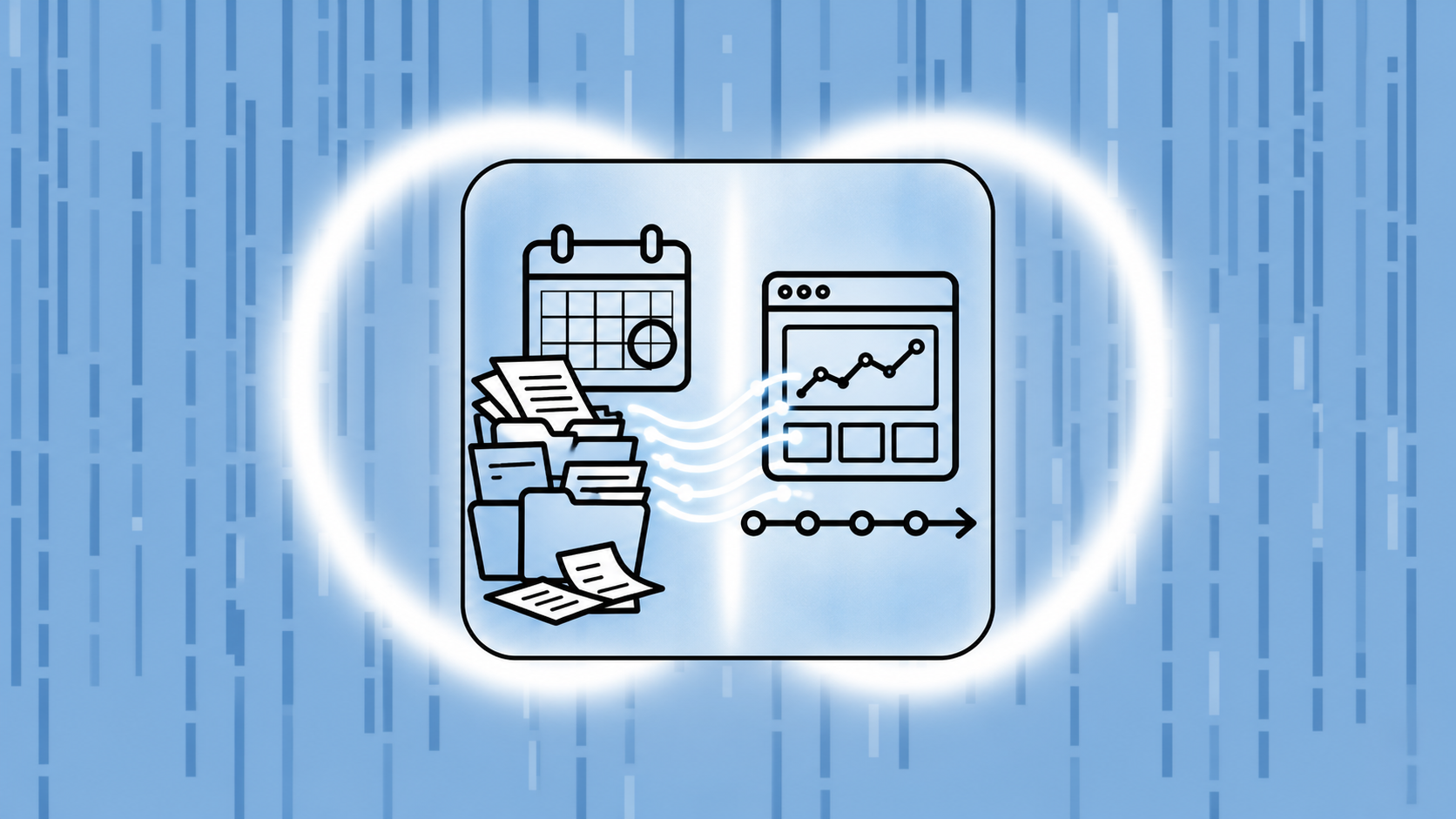 A split-scene illustration showing two contrasting workflows: on the left, a cluttered stack of paper documents and folders piling up representing batch processing at month-end, with a calendar showing a single day circled; on the right, a sleek modern interface with smooth flowing data streams and a continuous timeline showing daily updates, clean minimalist design, cool blue and white color palette, no text or labels