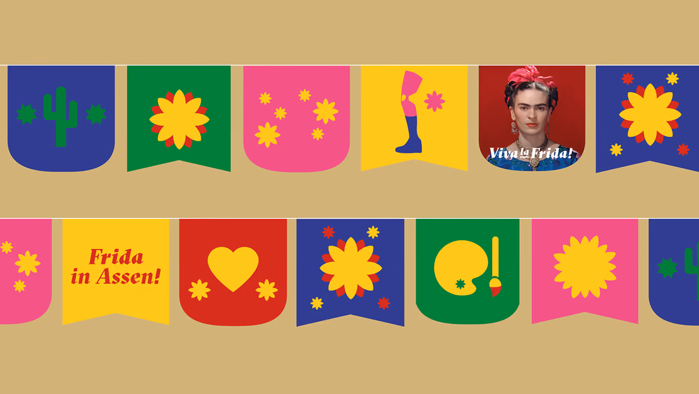 drents museum, viva la frida, huisstijl, campagne, huisstijl elementen, vlaggetjes in de binnenstad van Assen