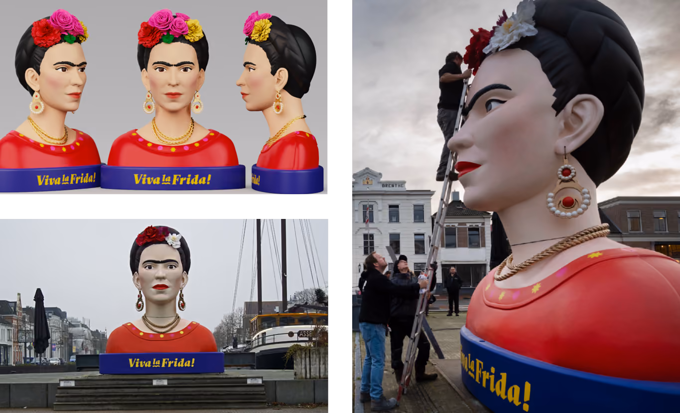 drents museum, viva la frida, huisstijl, campagne, huisstijl elementen, 3d portrait van frida kahlo in de binnenstad van Assen