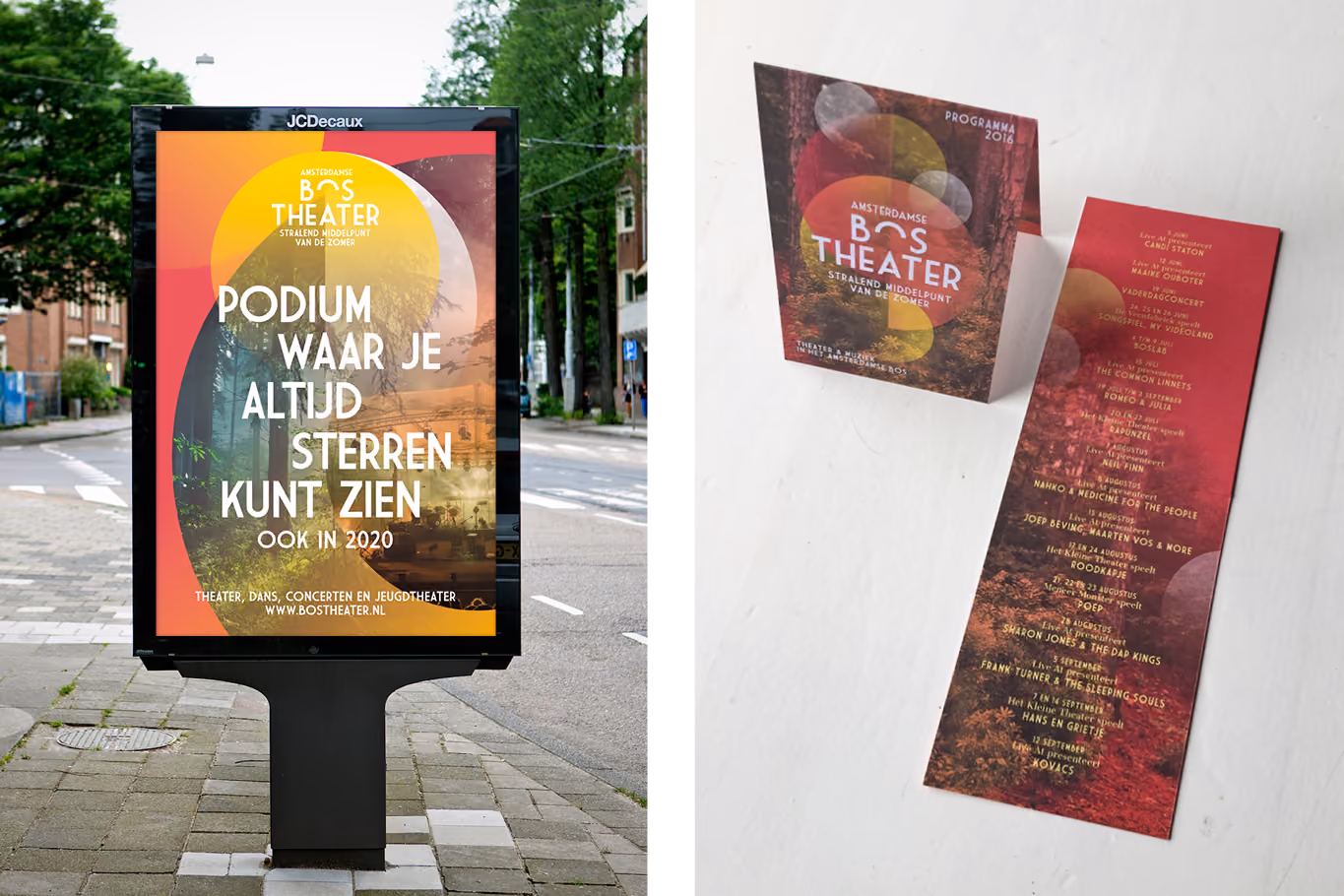 amsterdamse bos theater huisstijl met fotografie en grafische lagen. grafisch uitingen, poster in het straatbeeld en een folder