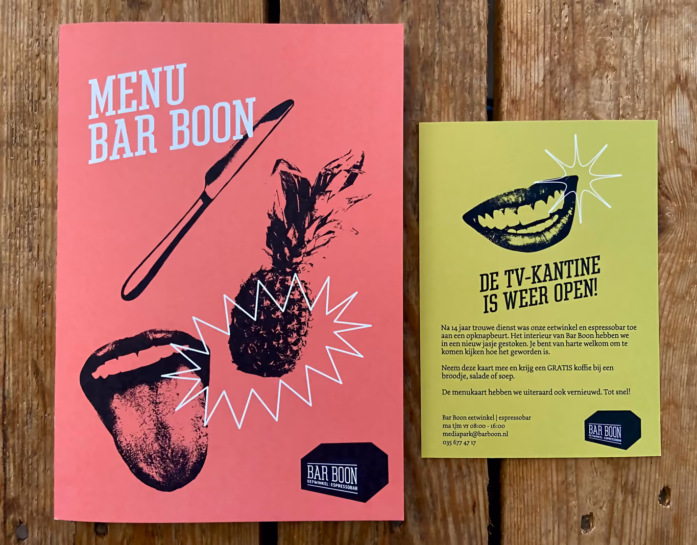 barboon menu kaart en een flyer naast elkaar