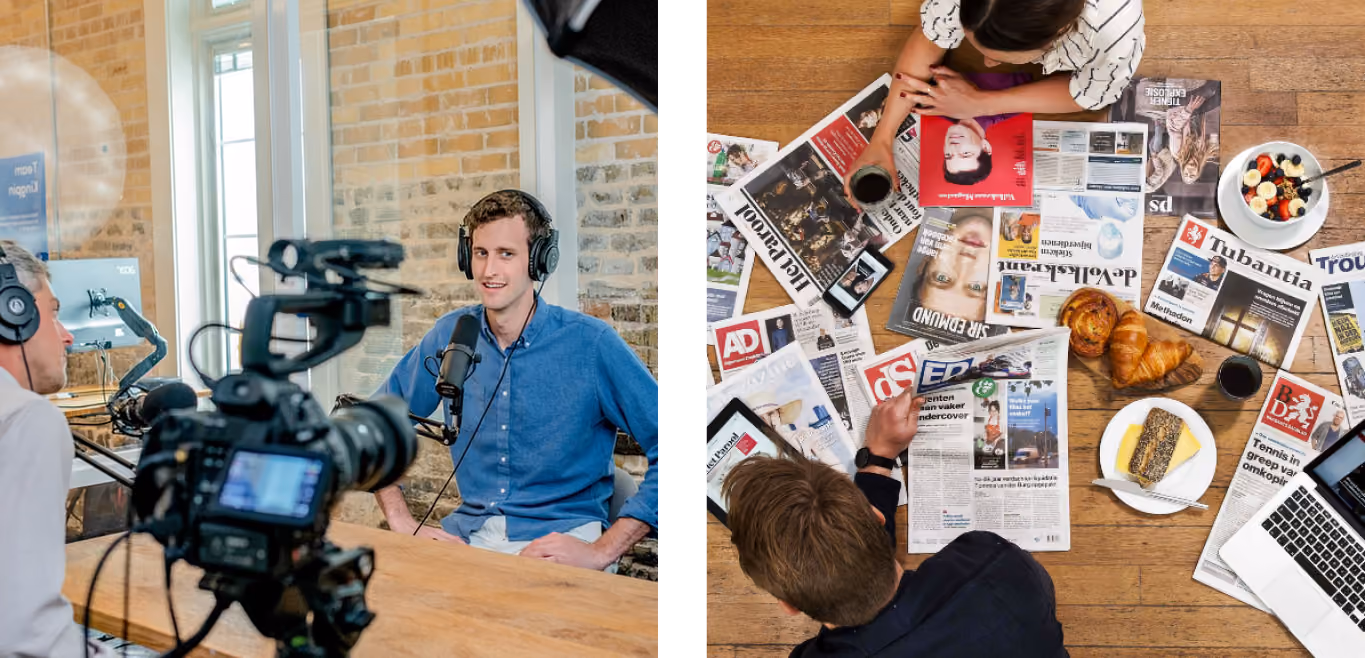 foto van opnamen en een foto van een leestafel vol kranten, volkskrant, parool, ad, ds, tubantio, met lezende mensen 