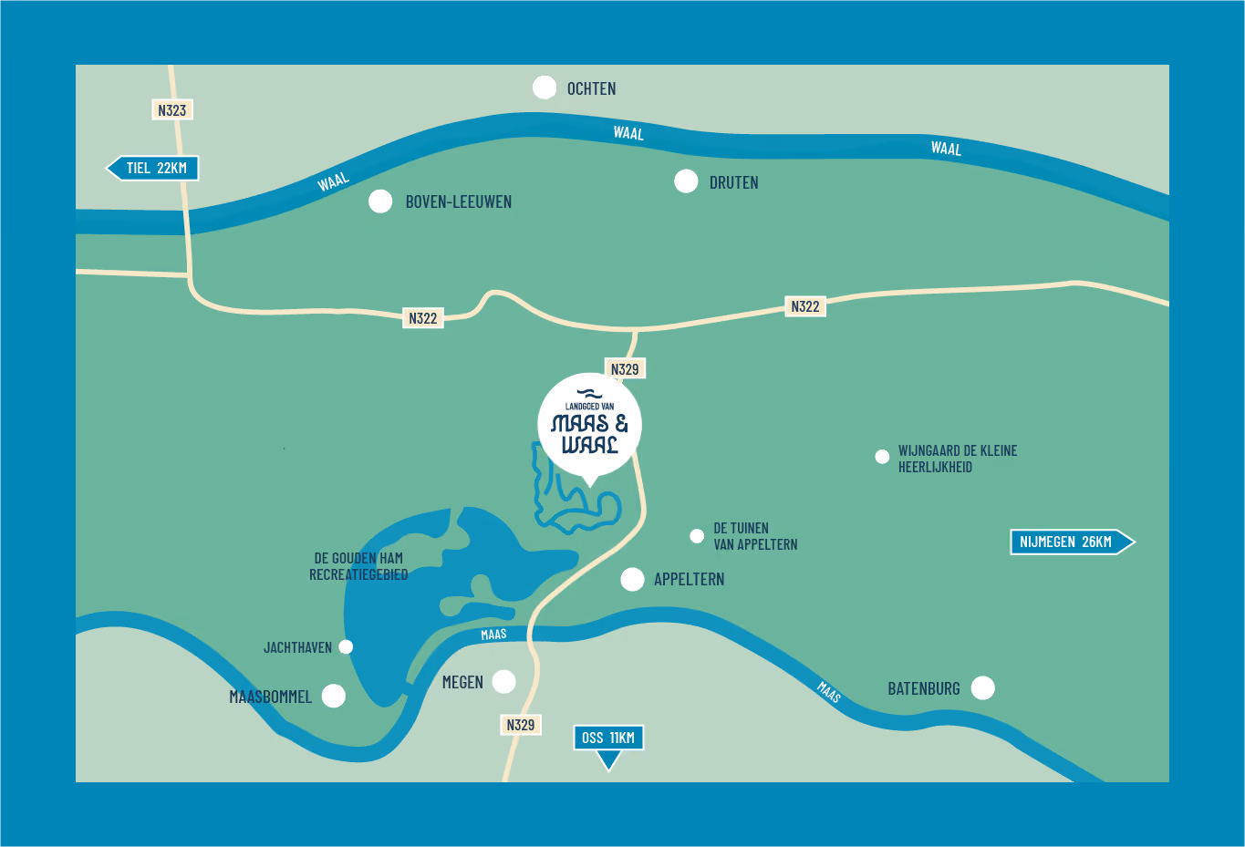 land goed van maas en waal, grafische uitingen, logo, huisstijl elementen, plattegrond
