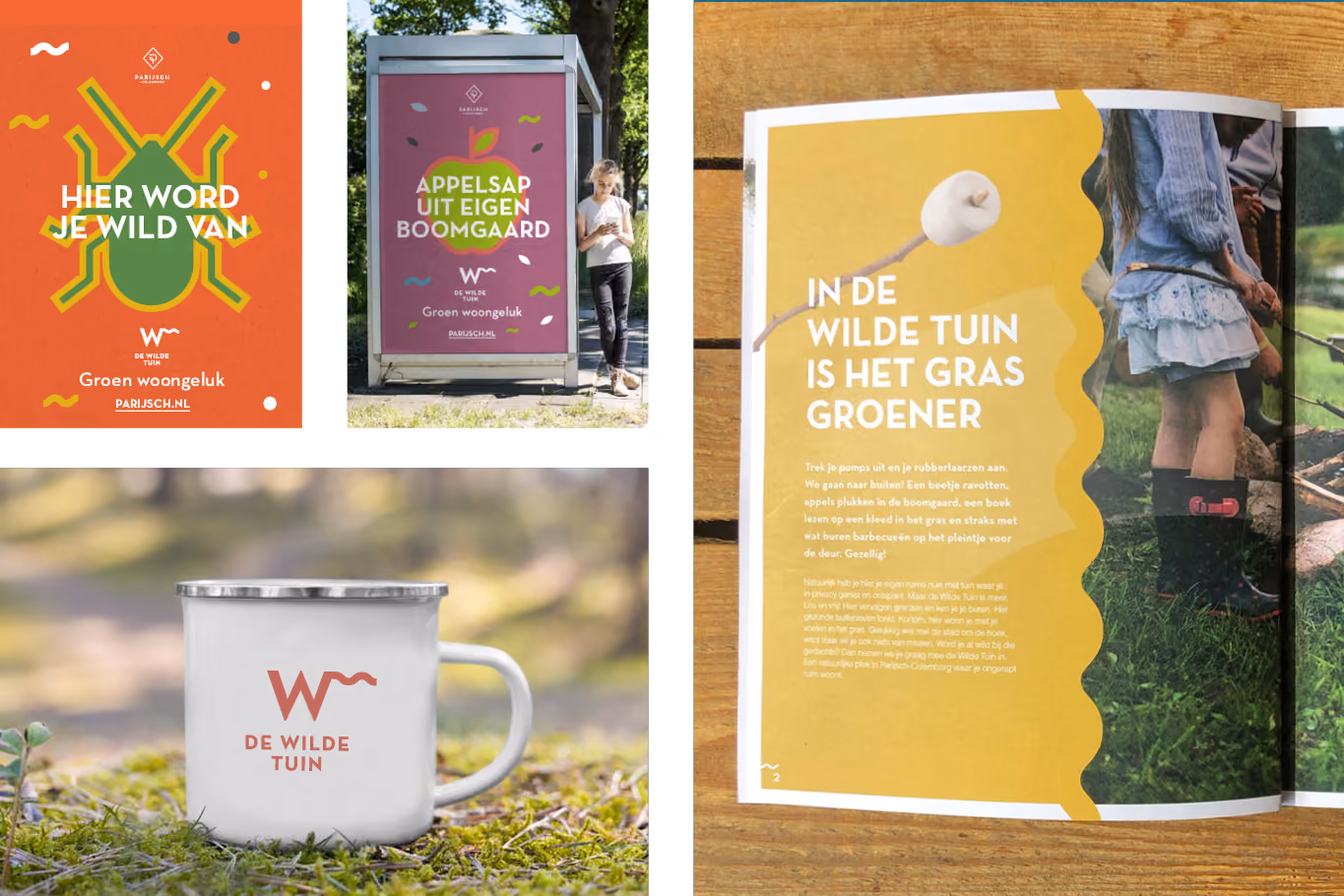 diverse uitingen voor de wilde tuin waaronder posters, een magazine en een mok