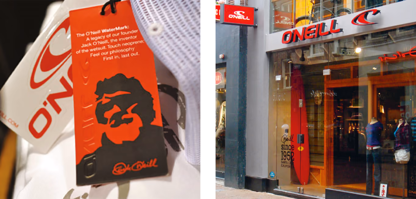 foto van winkel o'neill, gevel en labels in de kleding