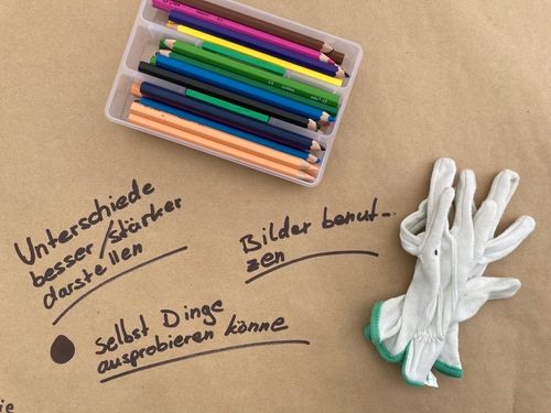 Auf dem Bild sind Buntstifte, Museumshandschuhe um Objekte anfassen zu können sowie eine Papiertischdecke zu sehen. Auf die Tischdecke haben die Schülerinnen und Schüler geschrieben: Unterschiede besser stärken, selbst Dinge ausprobieren können, Bilder benutzen. ©Laura Oehms