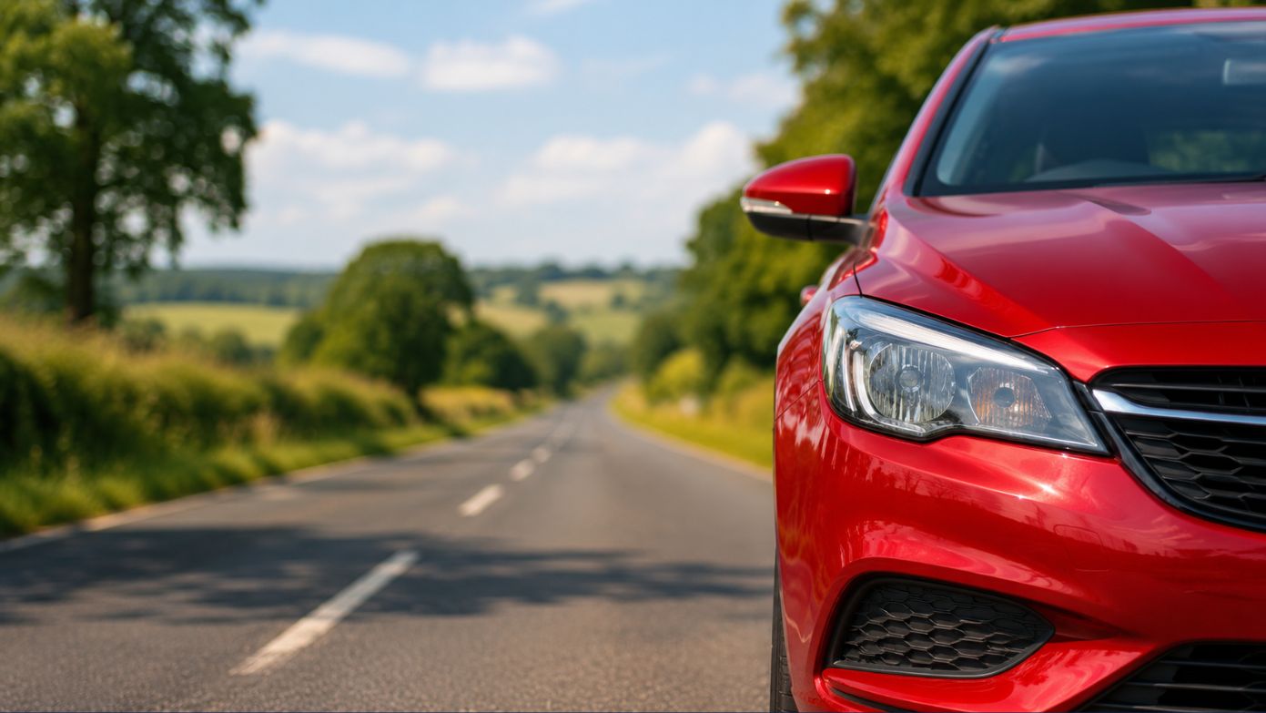 Red car driving down road