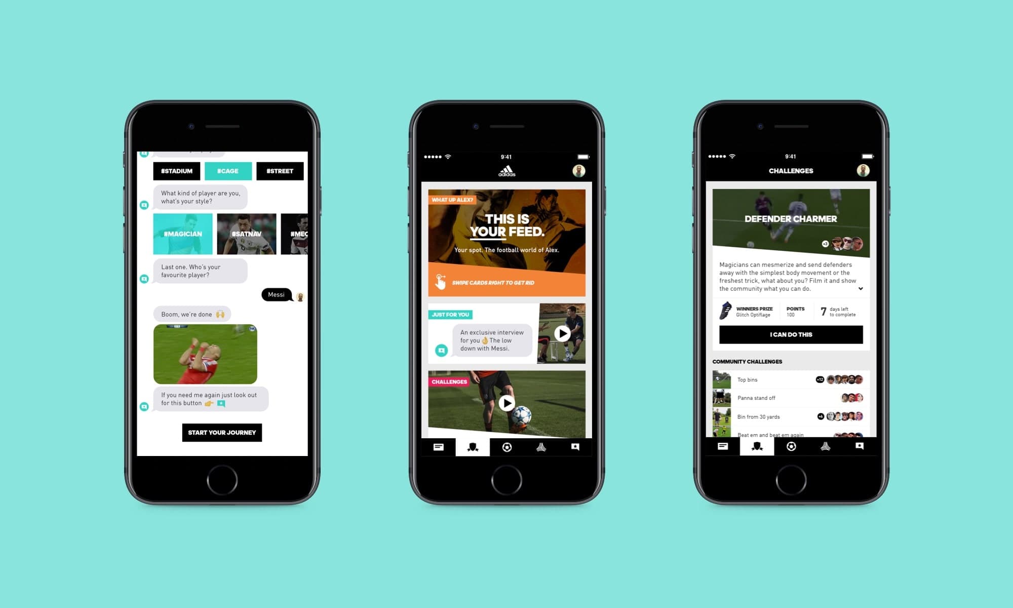 The onboarding, feed, and challenge screen