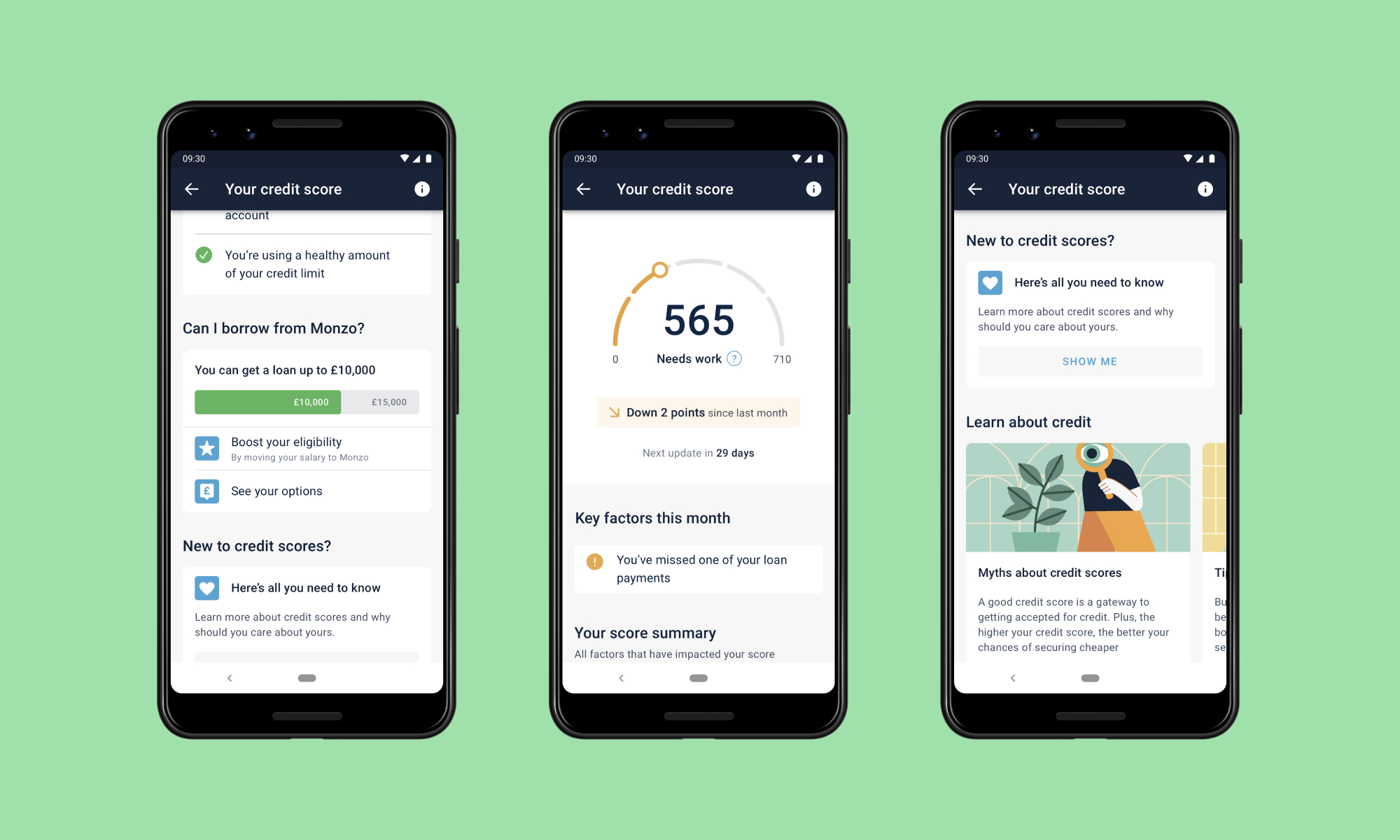 Some of the final Android designs of the credit score feature.