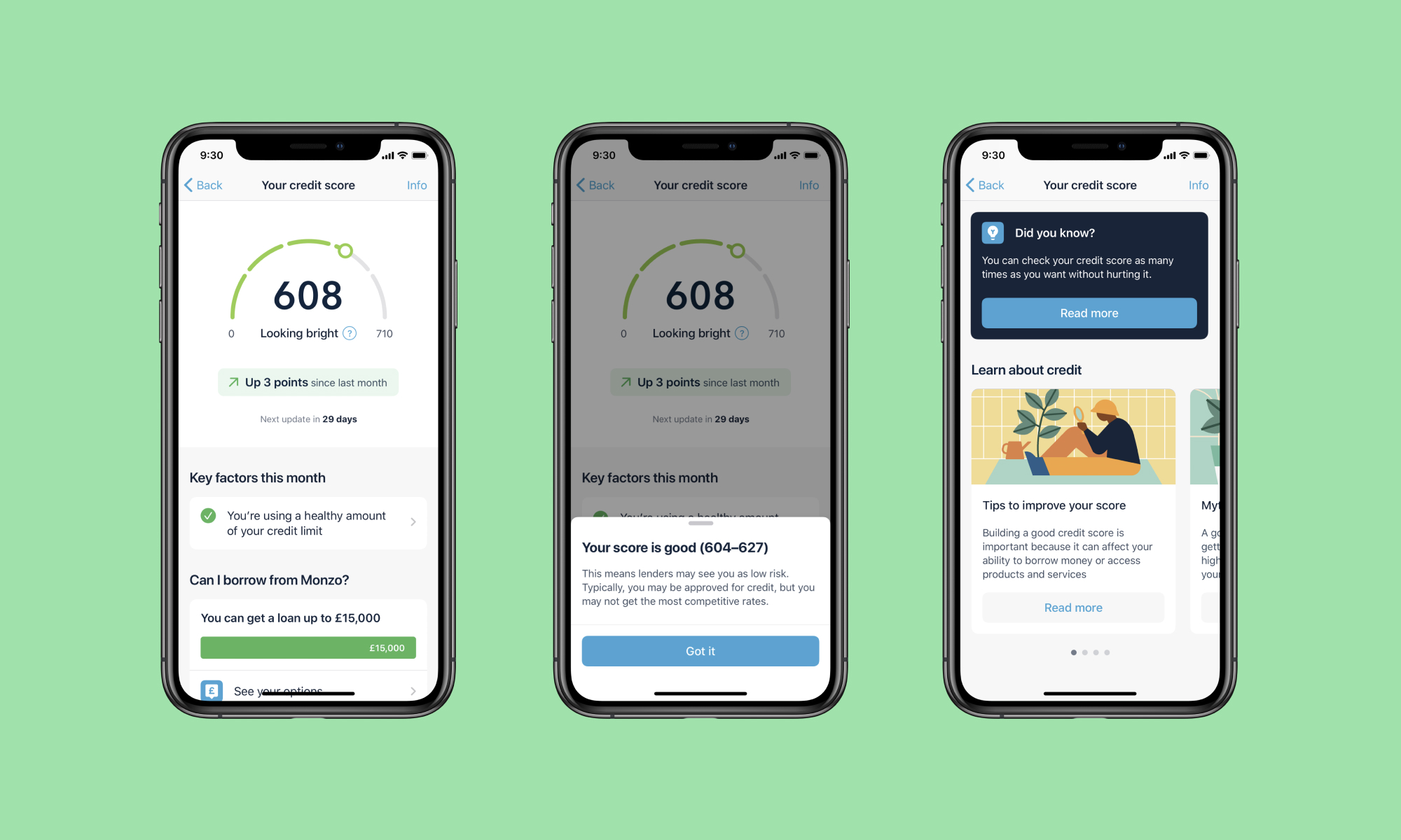 Some of the final iOS designs of the credit score feature.