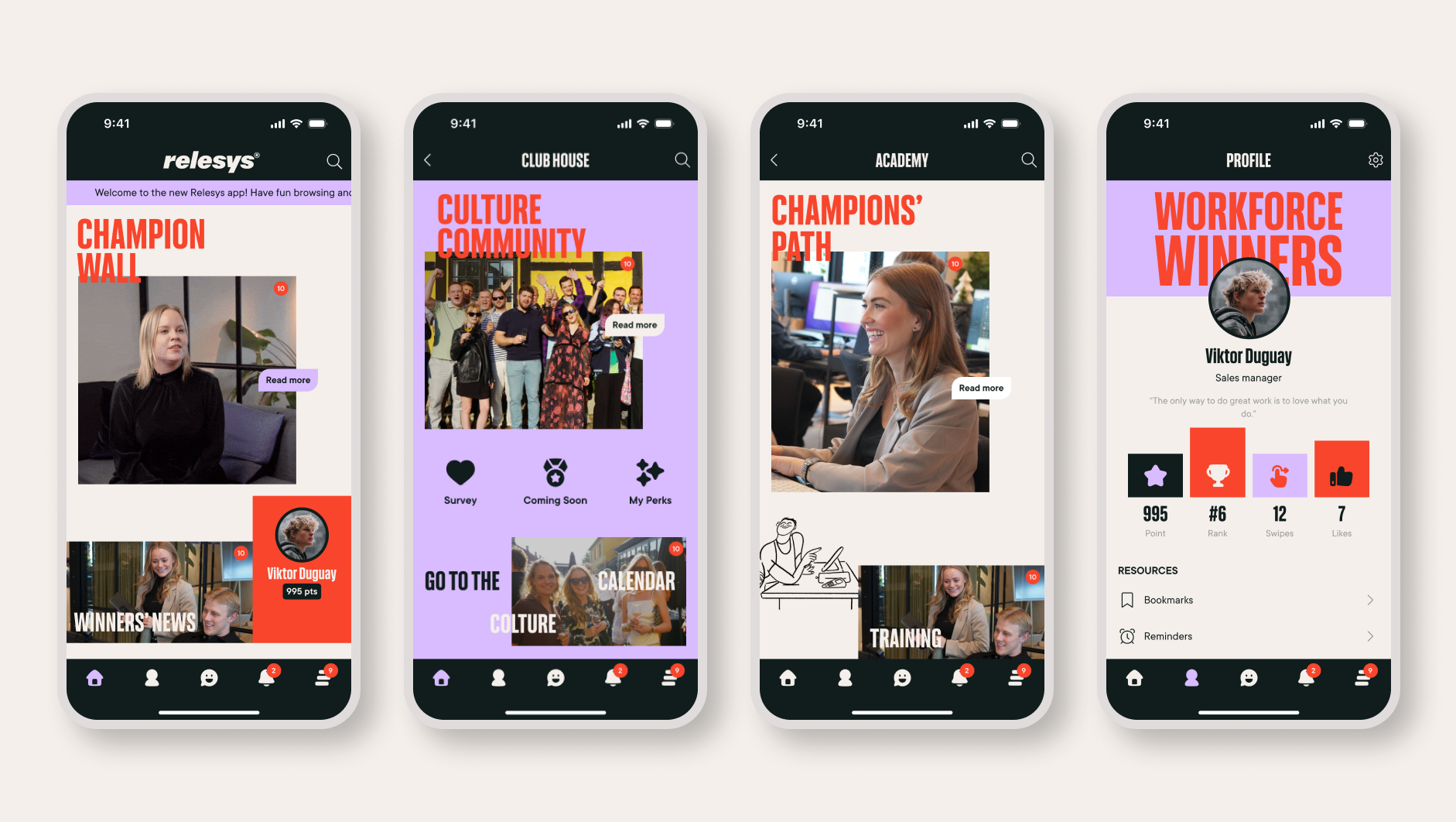 Mockups of the redesign of front-page, club house page, training and profile  