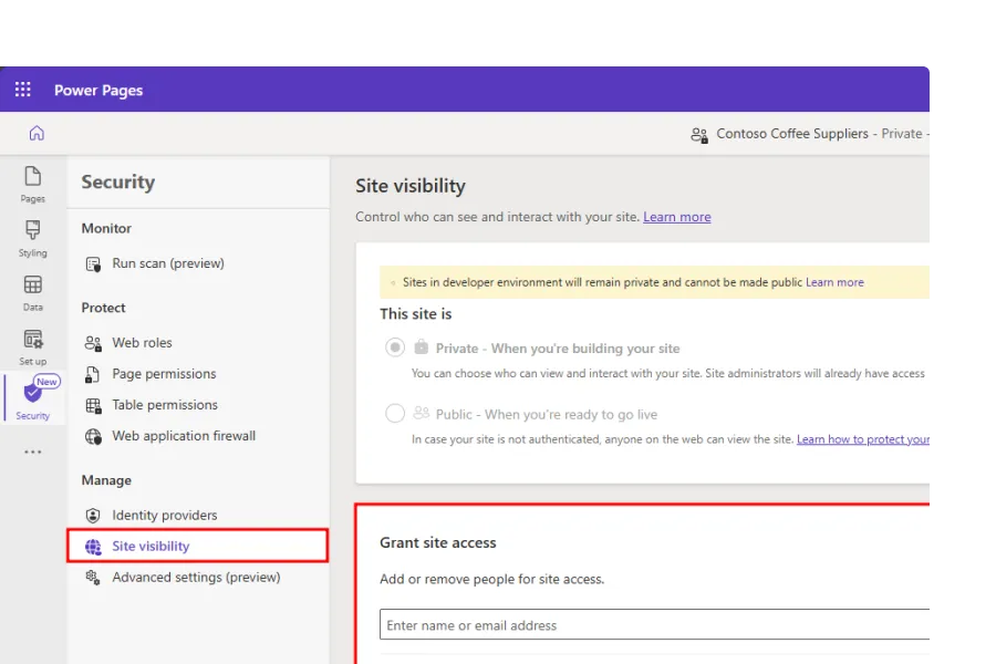 Power Pages Security site visibility