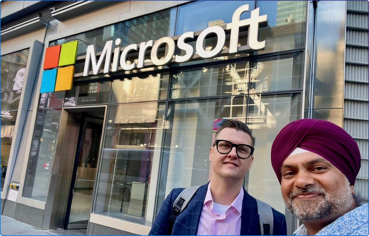 Kanwal and Richard in from of the Microsoft Offices in New York