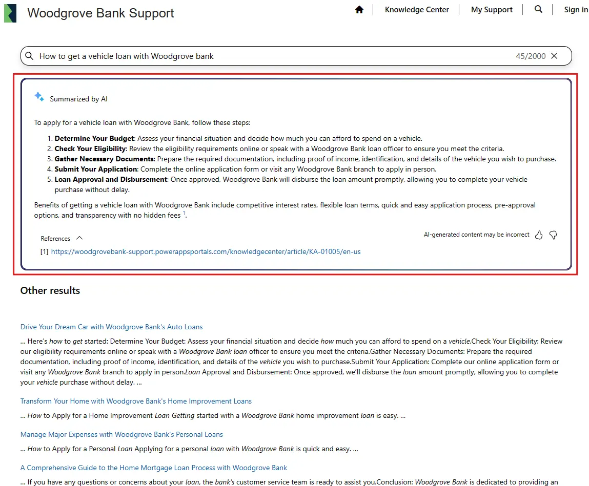 Generative AI search in Power Pages