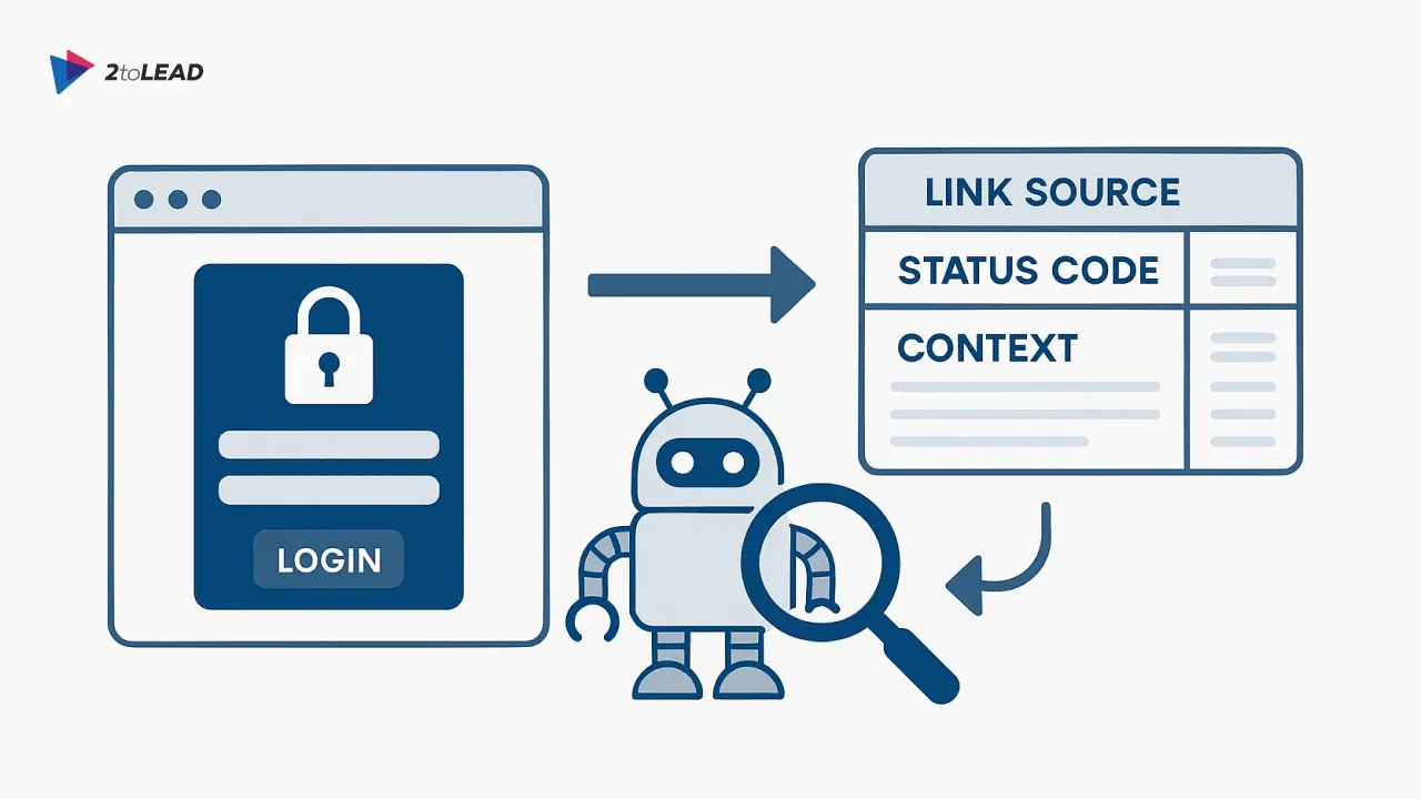 Concept with a secure login flow, a crawler bot, and a link export table showing status codes and context.